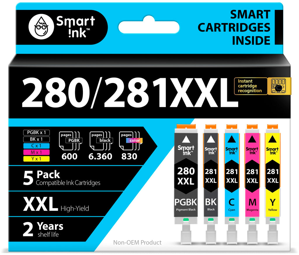 Smart Ink Compatible Ink Cartridge Replacement for Canon PGI 280 PGI-280 XXL CLI 281 CLI-281 (PGBK & BK/C/M/Y 5 Pack Combo) for Pixma TS702 TS6120 TS6220 TS6320 TR7520 TR8520 TS9520 TS9521C