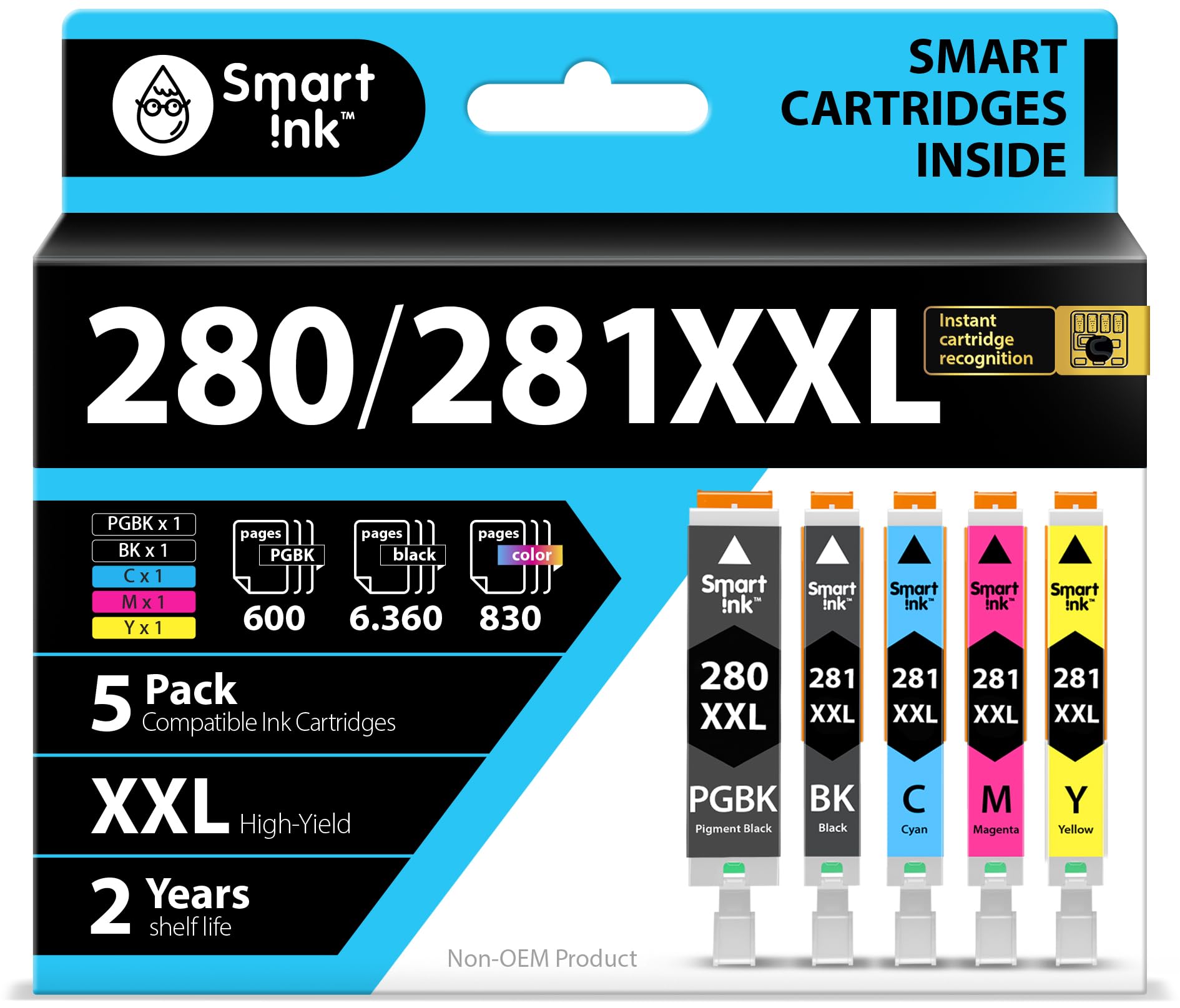 Smart Ink Compatible Ink Cartridge Replacement for Canon PGI 280 PGI-280 XXL CLI 281 CLI-281 (PGBK & BK/C/M/Y 5 Pack Combo) for Pixma TS702 TS6120 TS6220 TS6320 TR7520 TR8520 TS9520 TS9521C