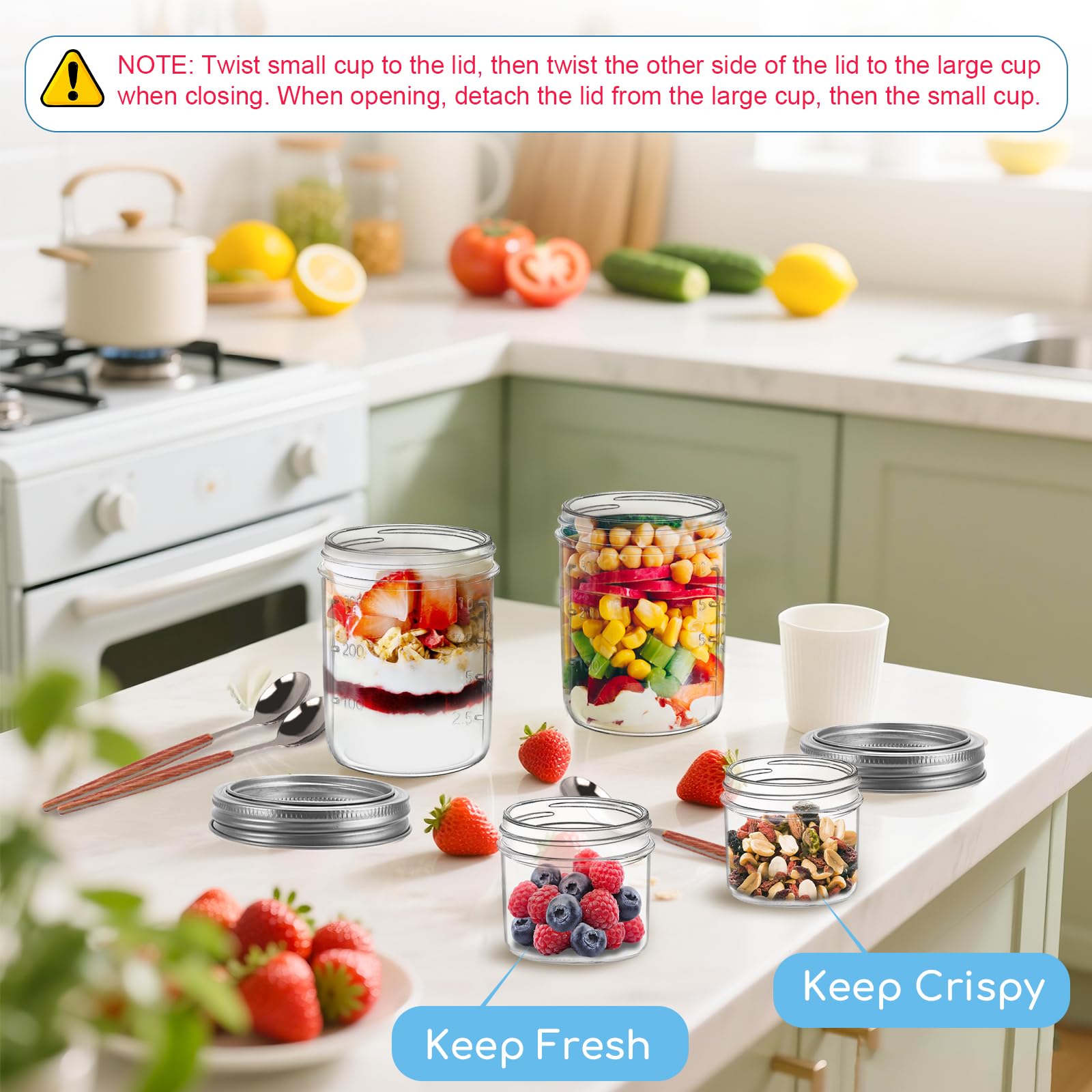 shopwithgreen Overnight Oats Jars with Lids（16oz+4oz 4 Pcs）Dual-Laryer Chia Pudding Jar with Dry and Wet Separation, Yogurt Parfait Contianer for Oatmeal Cereal Nut Fruit, Glass Meal Prep Jars