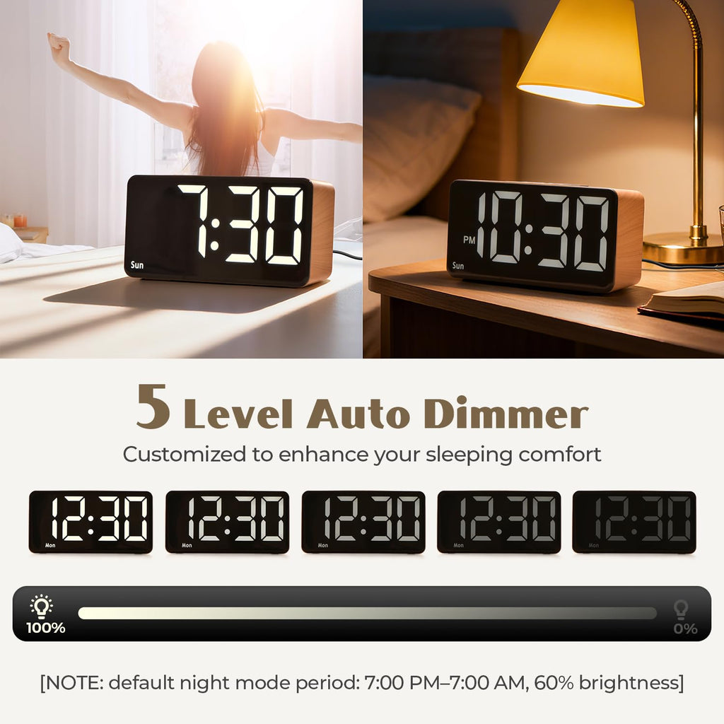 GOLOZA Alarm Clocks for Bedrooms, Wood Grain, Digital Clock with Large Display, Desk Clock for Bedside, Power-Off Memory & Alarm, 5 Level Brightness +Off, Dual Alarm, 12/24H, 9min Snooze, Reveil Matin