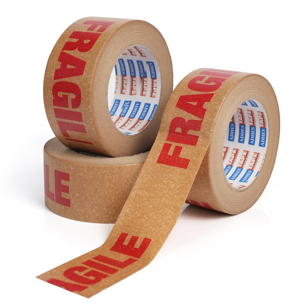 ADHES Fragile Tape Kraft Paper Tape - 2in x 55yds, 3 Rolls, Strong Adhesive, Eco-Friendly Biodegradable Paper Packing Tape for Shipping & Moving, Heavy Duty Protection for Fragile Items