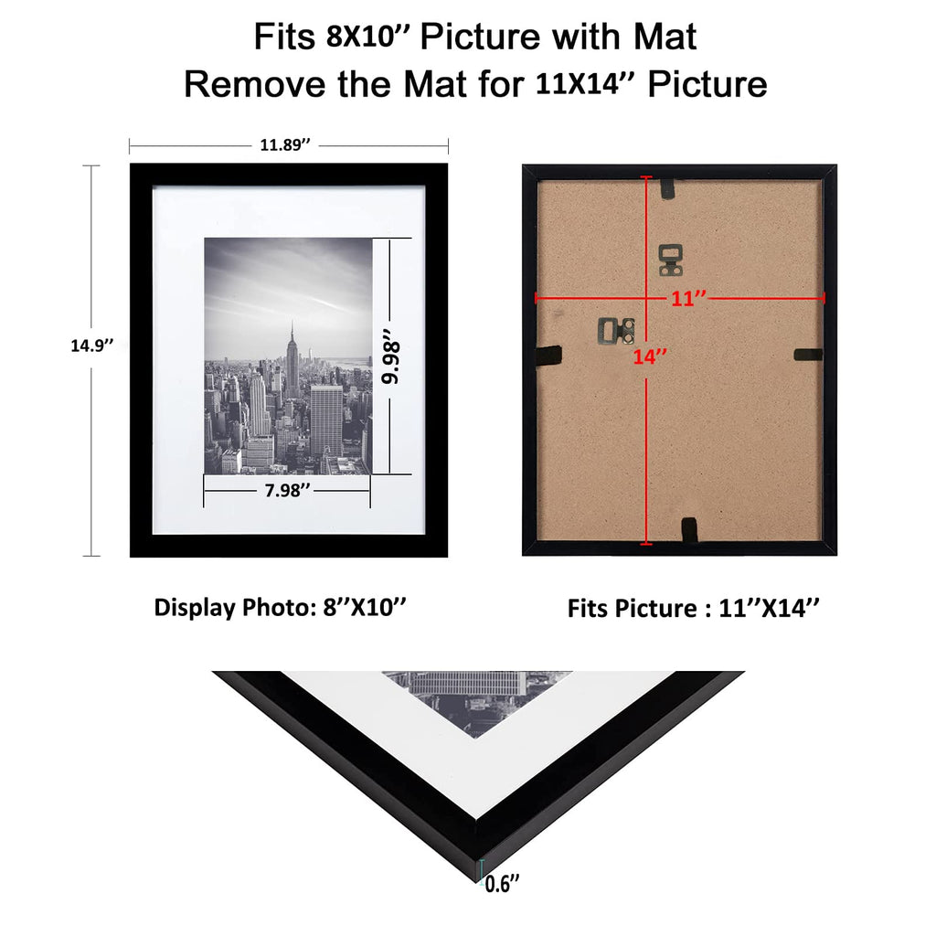 11x14 Picture Frame 2 Pack, Display Poster 8x10 with Mat or 11 x 14 Without Mat, Wall Gallery Photo Frames-Vertical or Horizontal Mounts & Ready to Hang,Photo Frames for Wall Mounting, Black