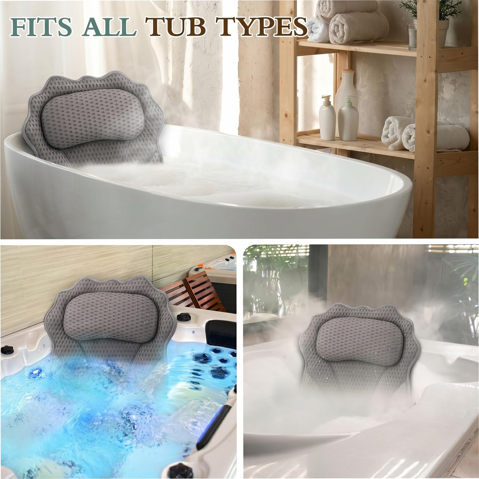 Bath Pillow RUVINCE Ergonomic Luxury Bathtub Pillow with Head,Neck, Shoulder and Back Support, 6D Bath Pillows for tub with 6 Powerful Suction Cups, Fits All Bathtub