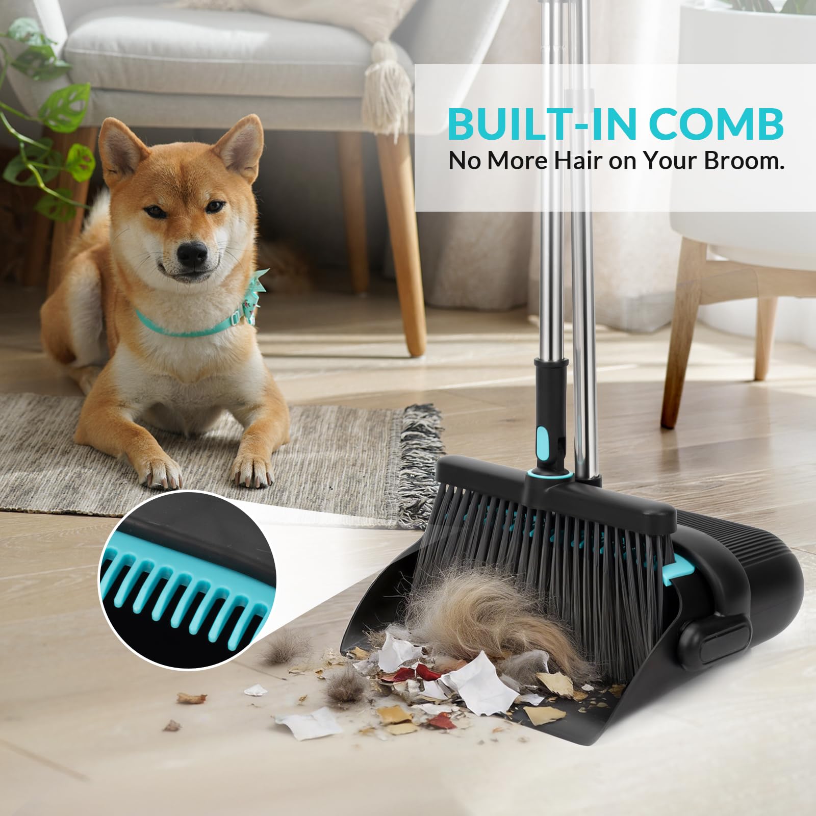 Broom and Dust Pan 61” Long Handle Broom and Dustpan Set with 180° Rotatable Broom Head for Home Office Kitchen Lobby Cleaning Upright Standing Broom and Dustpan