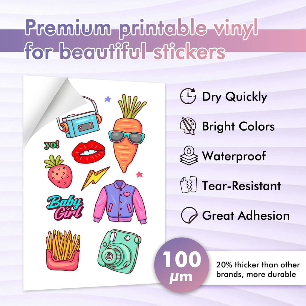 Koala Printable Vinyl Sticker Paper for Inkjet Printer - 50 Sheets White Glossy Sticker Paper, Waterproof Sticker Printer Paper 8.5x11 Inch, Tear-Resistant, Removable