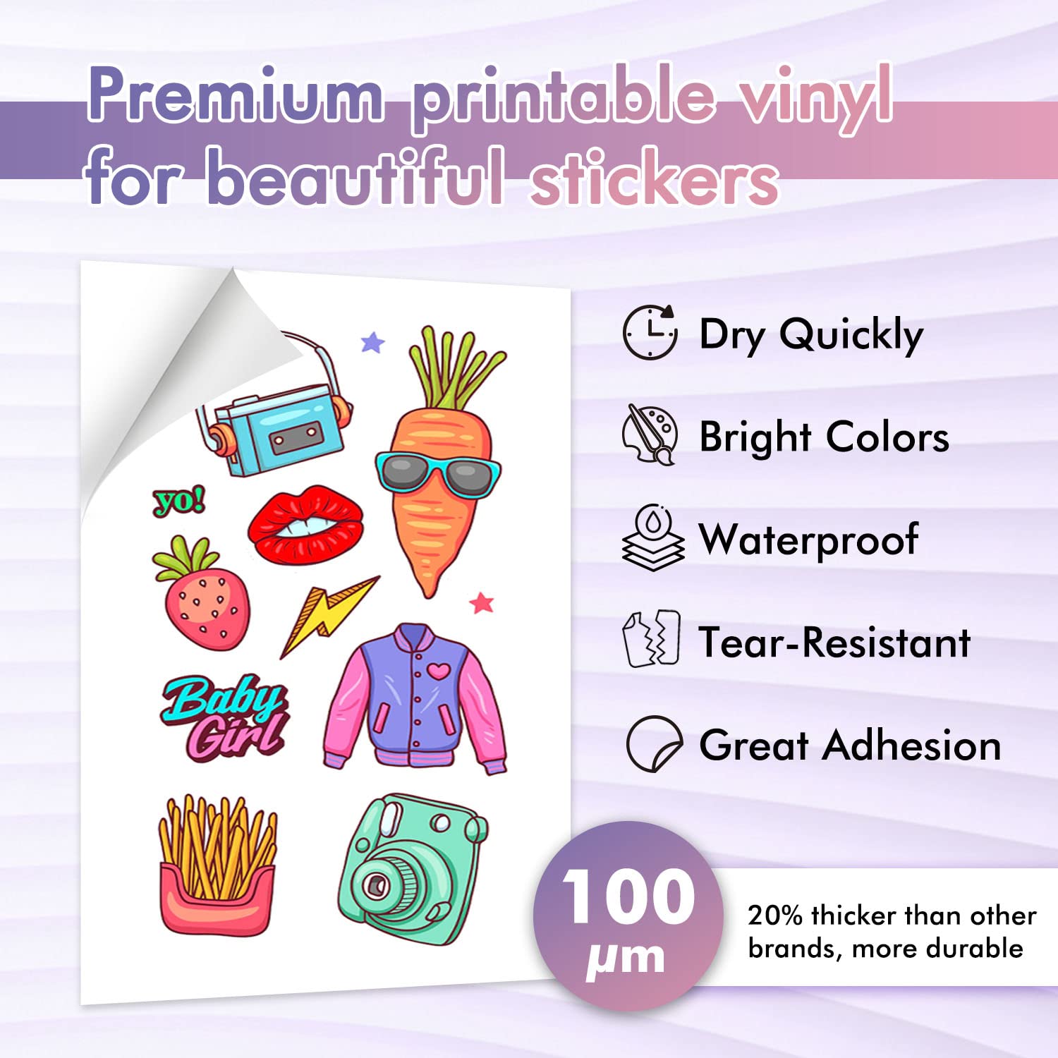 Koala Printable Vinyl Sticker Paper for Inkjet Printer - 50 Sheets White Glossy Sticker Paper, Waterproof Sticker Printer Paper 8.5x11 Inch, Tear-Resistant, Removable