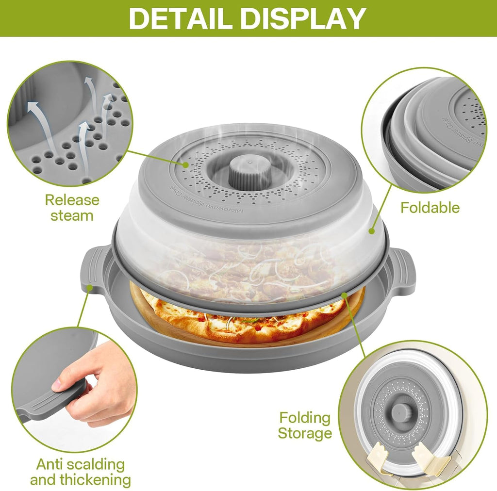 Oillase gray Microwave Splatter Cover for Food with Anti-scald Base Plate,Large Plastic & Silicone Vented Avoid Scalding Collapsible Guard Lid, Plate Holder & Kitchen Colander for Meal Prep-10.7 Inch