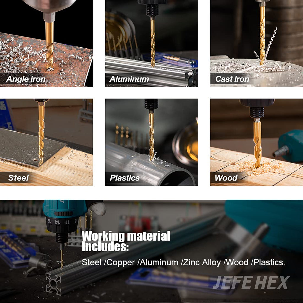JEFE HEX 13-Piece Drill Bits Set-1/16" 5/64" 3/32" 7/64" 1/8" 9/64" 5/32" 11/64" 3/16" 13/64" 7/32" 15/64" 1/4", Hex Shank Drill Bit Set for Quick Change, Titanium HSS Twist Drill Bits, 135 Degree Easy Cut Split Point, Ideal for Wood, Steel, Copper, Alumi