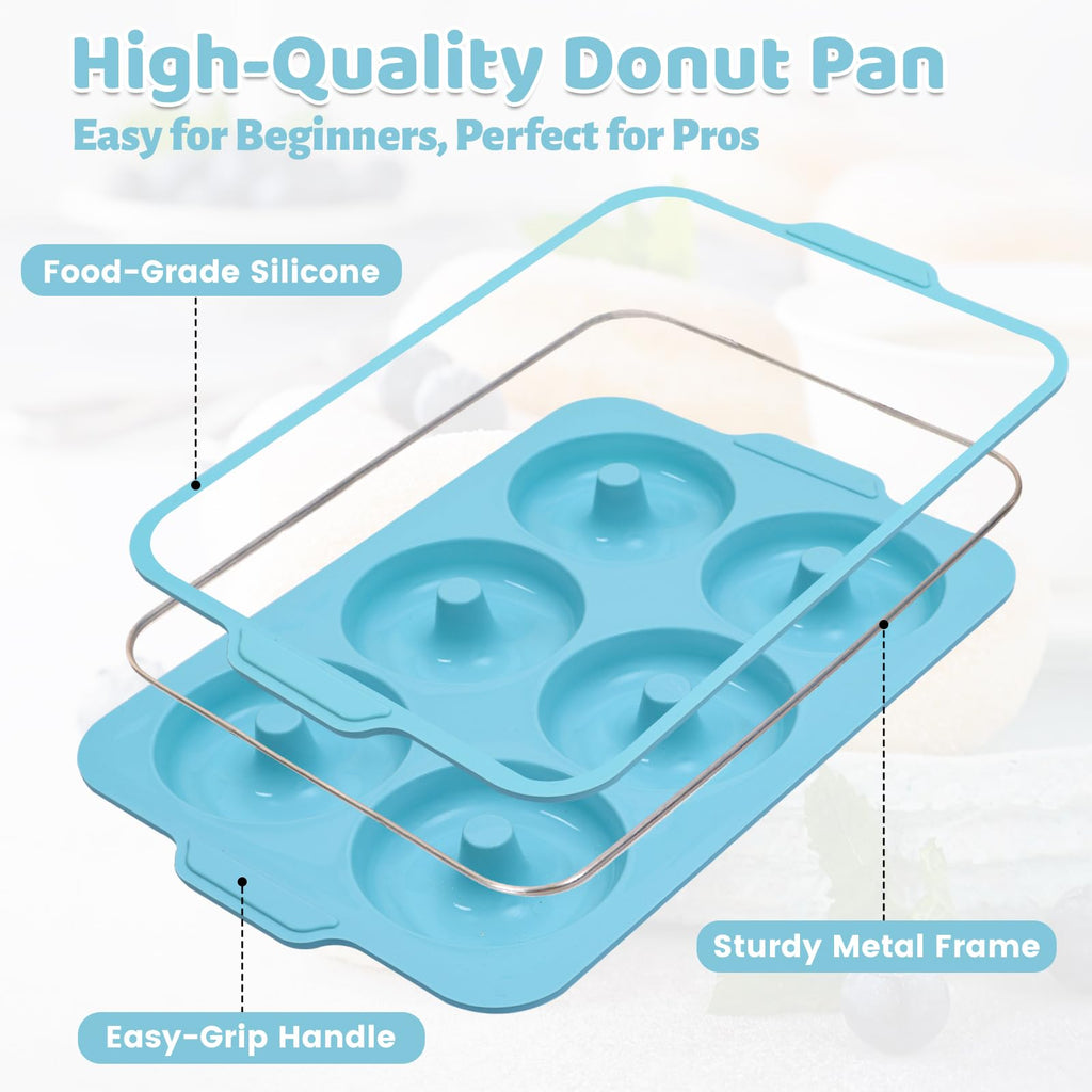 Toeusog Nonstick Silicone Donut Pan: 3.5 Inch Large Donut Mold with Metal Frame - Bagel Doughnut Pan for Baking Gluten Free Glazed Vegan - for Oven Housewife Home Baker Baking Lovers (Green & Beige)