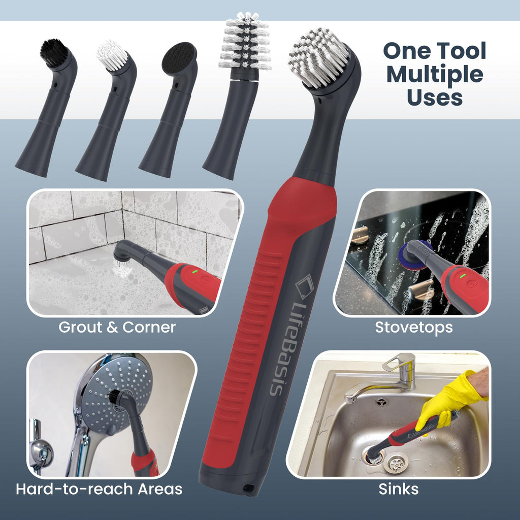 LifeBasis Rechargeable Power Scrubber 11-Piece Kit, Cordless Electric Cleaning Brush, IPX7 Waterproof Electric Grout Brush for Home, Kitchen, Bathroom, Grout, Tile, Shower, Tub, Red