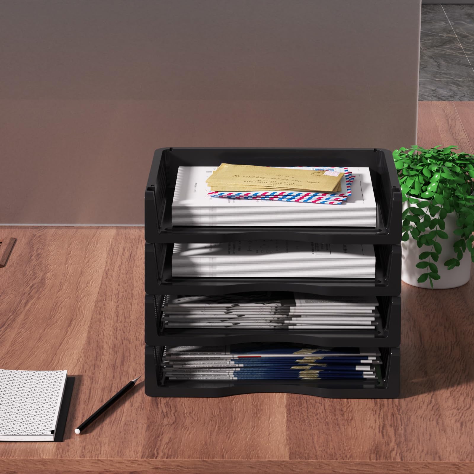Qqbine 6 Packs Plastic Stackable Paper Tray Organizer, Desktop File Tray, Black
