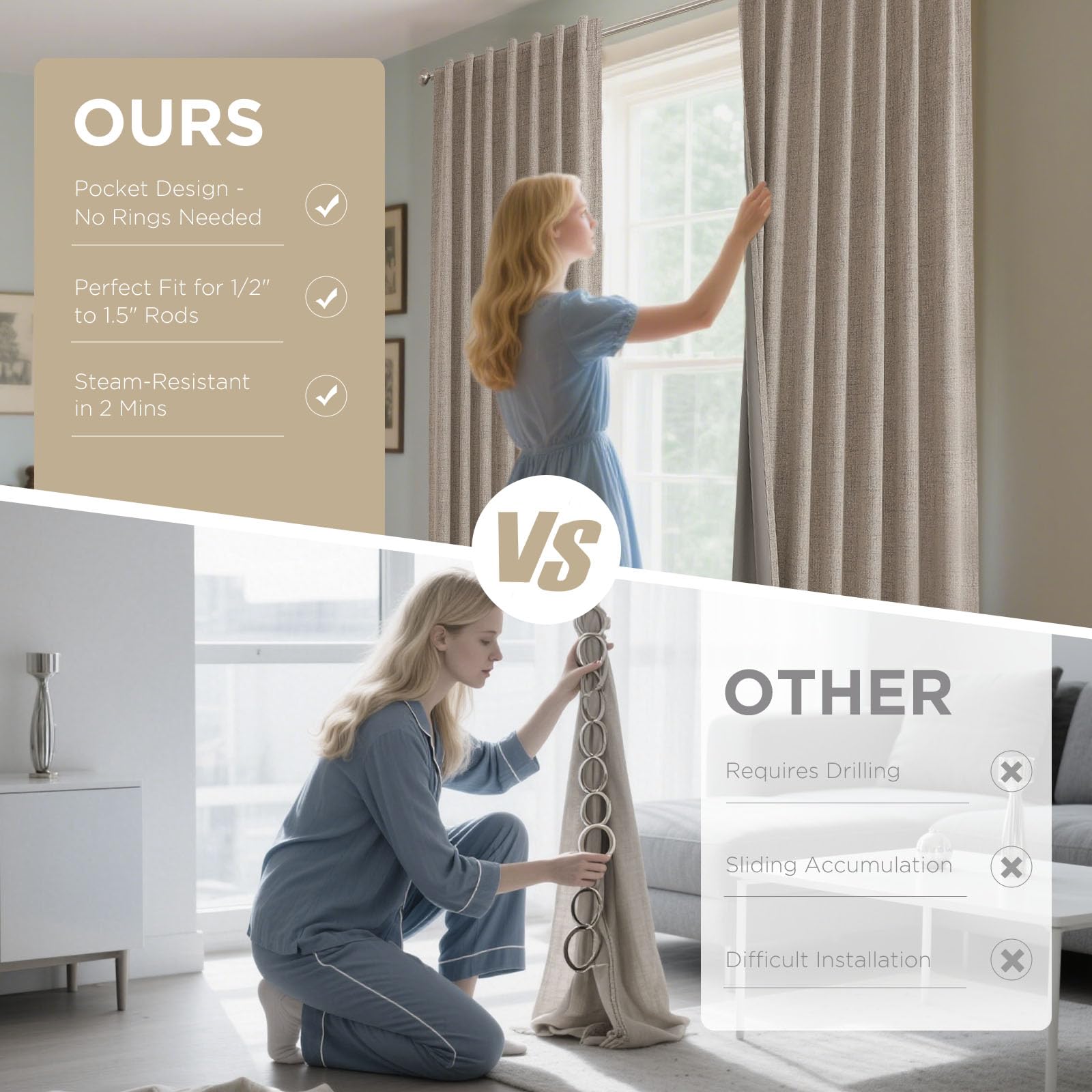 Joydeco Blackout Curtains 2 Panels - Natural Linen Curtains 84 Inch Long, Thermal Insulated Linen Light Blocking Drapes, Rod Pocket & Back Tabs, Darkening Privacy for Living Room Bedroom