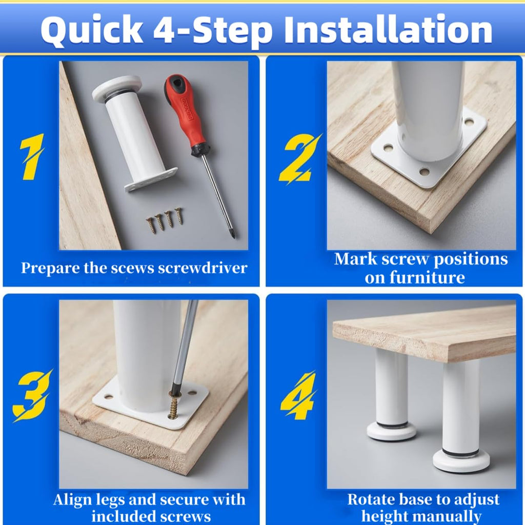 4Pack Adjustable Height Cabinet Support Legs Heavy Duty 3.1-4.7" -for Sofa/Cabinet/Nightstand Replacement Legs, Anti-Slip Base & Wobble-Free Design(White)