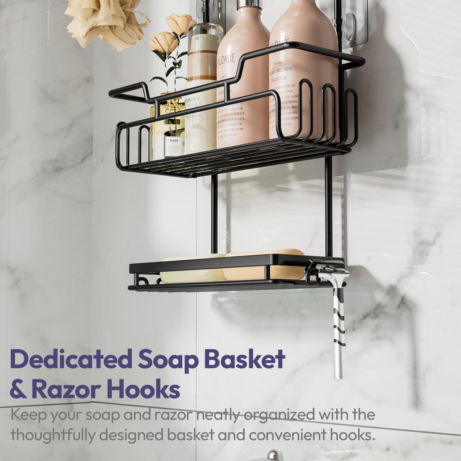 SWTYMIKI Shower Caddy Hanging - 3 Tier Rustproof Hanging Shower Organizer, No Drilling Bathroom Shower Shelves with 16 Hooks & Soap Holder, Anti-Swing Over Head Shower Rack for Shampoo,Sponge,Towel