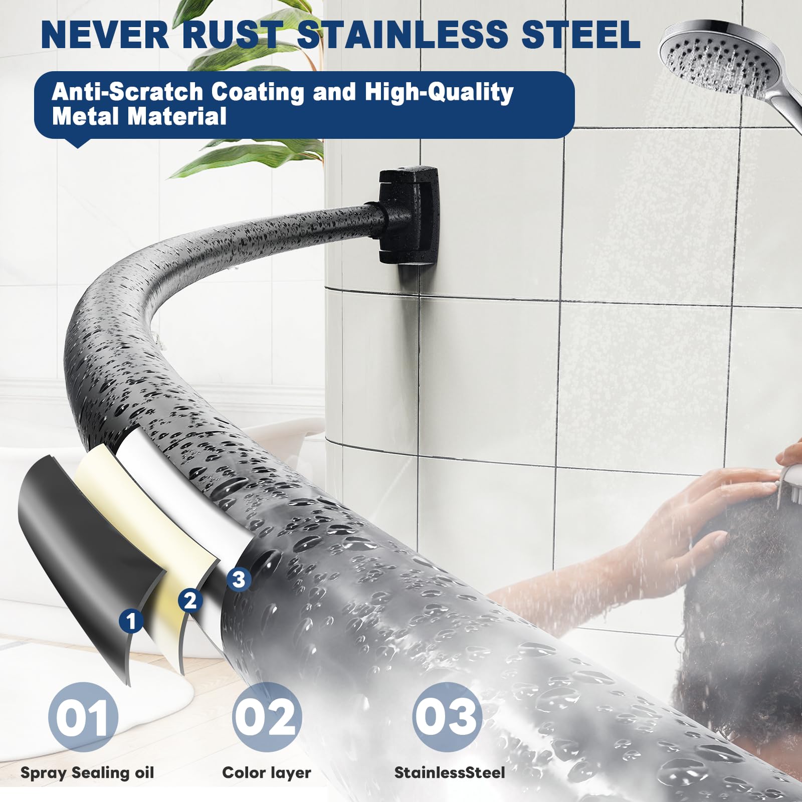 Abiglifty Curved Shower Curtain Rod, 43-78 Inches Adjustable Curved Shower Rod, Shower Curtain Rod, Round Extra Wide Shower Rod for Bathroom, Bathtub, Stall, Need to Drill, Black (43-78 Inches)