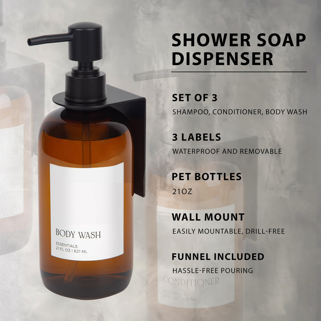 Stylish Shampoo and Conditioner Dispenser Set of 3 - Modern 21oz Shower Soap PET Bottles for Drill Free Wall Mount - Easy to Refill Body Wash Dispensers for an Instant Bathroom Decor Upgrade