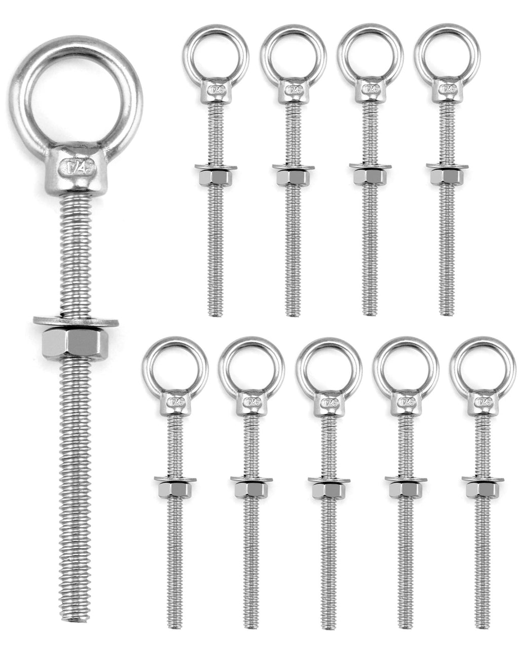 QWORK 10 Pack Eye Bolt, T316 Stainless Steel Marine Grade Threaded Eyebolts, 1/4"x3" Lifting Ring Threaded Eyebolts with Nuts Washers