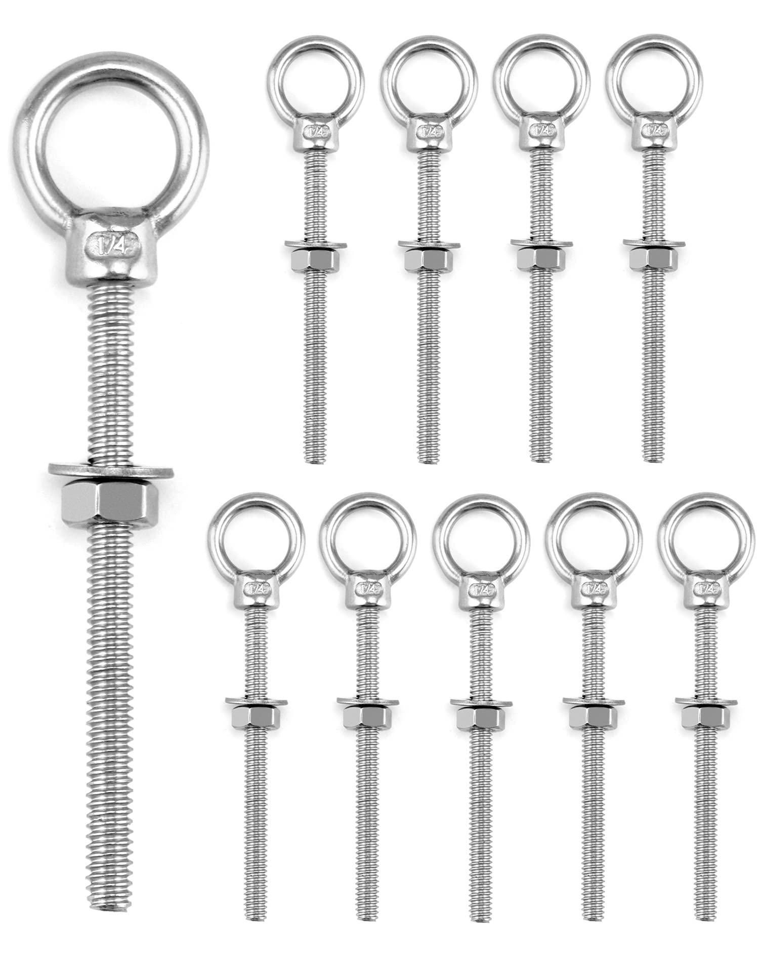 QWORK 10 Pack Eye Bolt, T316 Stainless Steel Marine Grade Threaded Eyebolts, 1/4"x3" Lifting Ring Threaded Eyebolts with Nuts Washers