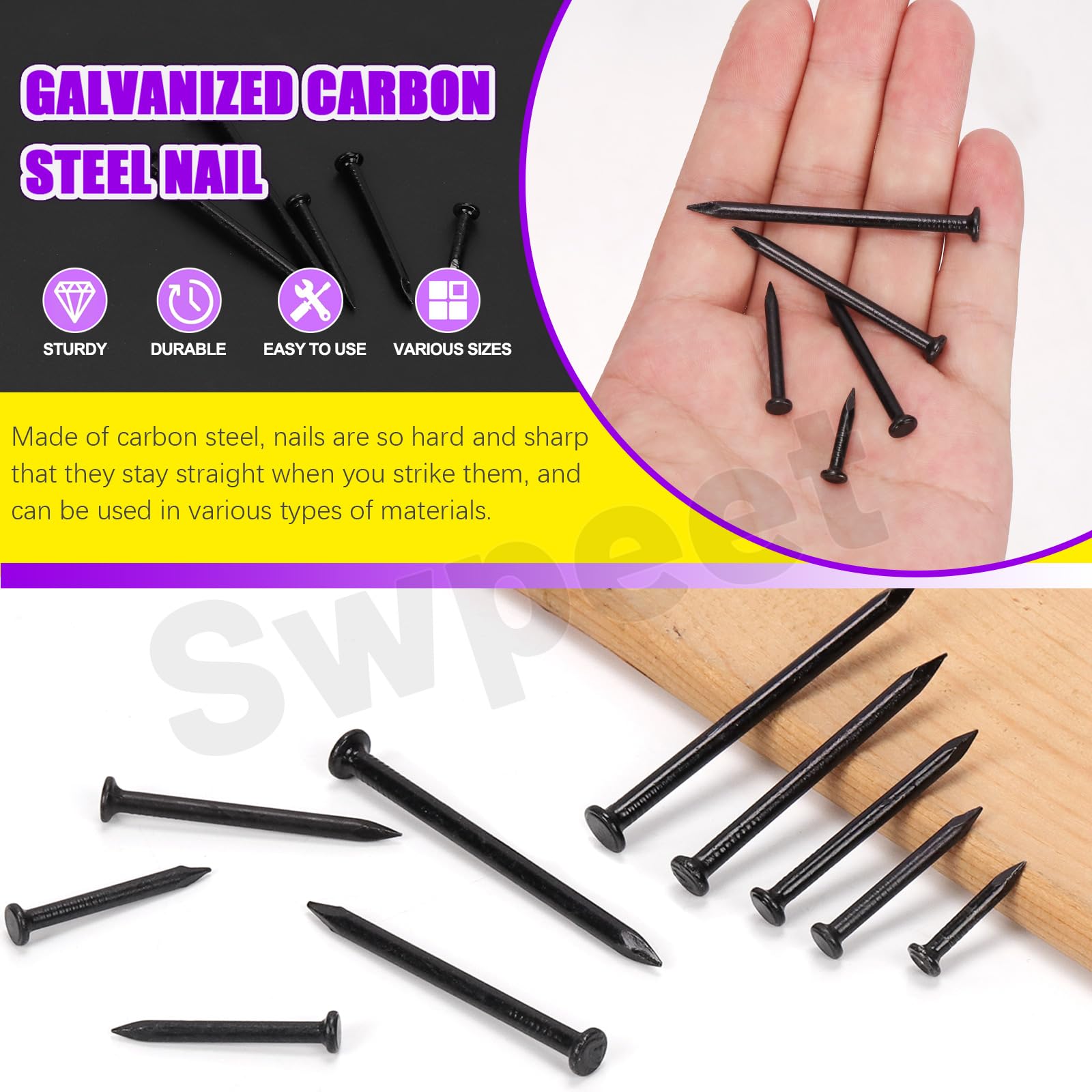 Swpeet 300Pcs 5 Sizes 3/4" 1-1/4" 1-3/5" 2" 2-3/8" Black Hardware Nails Assortment Kit，Steel Nail, Galvanized Nails, Small Nails, Finishing Nails, Wall Nails, Wood Nails, Nails for Concrete Brick