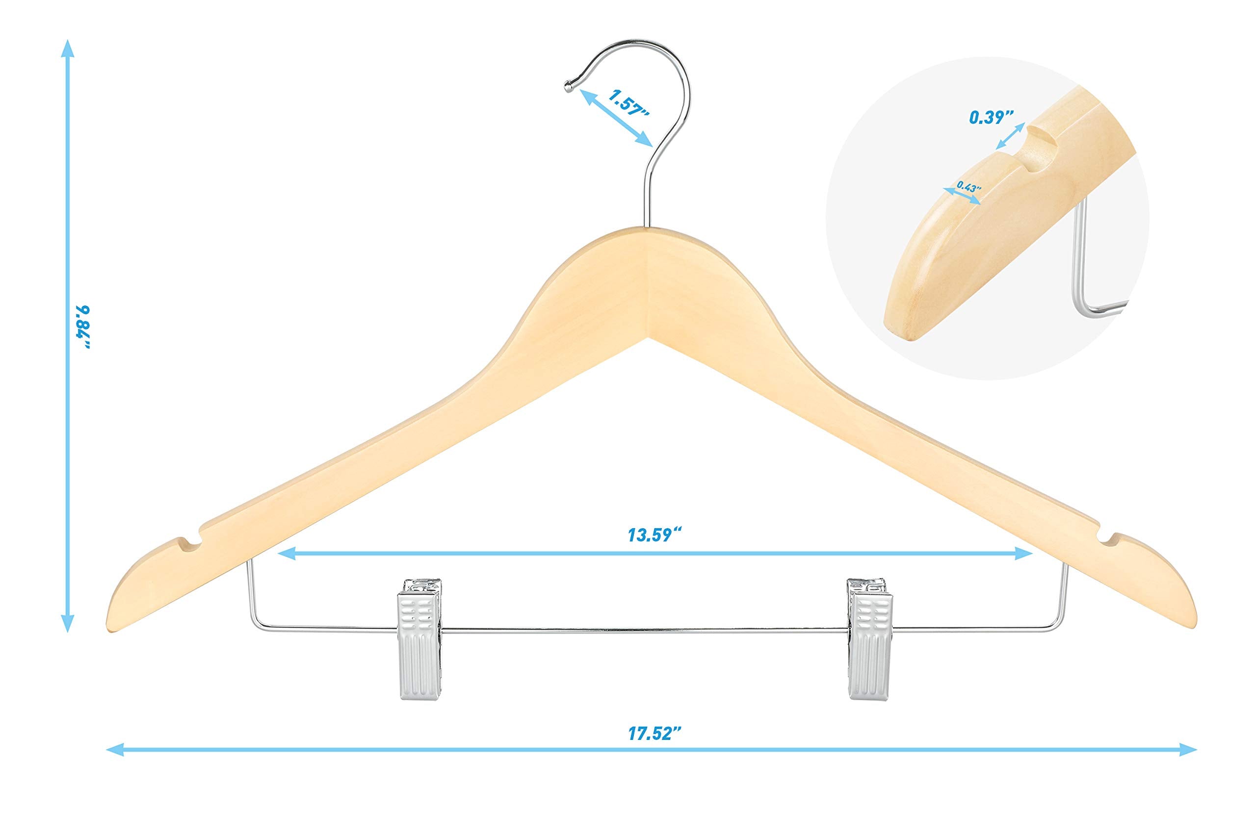 TOPIA HANGER Wooden Hangers with Adjustable Metal Clips and 360° Swivel Hook, Premium Wood Clothes Hangers 10 Pack for Suit, Pant, Skirt, Jeans, Coat, Jacket-CT28N