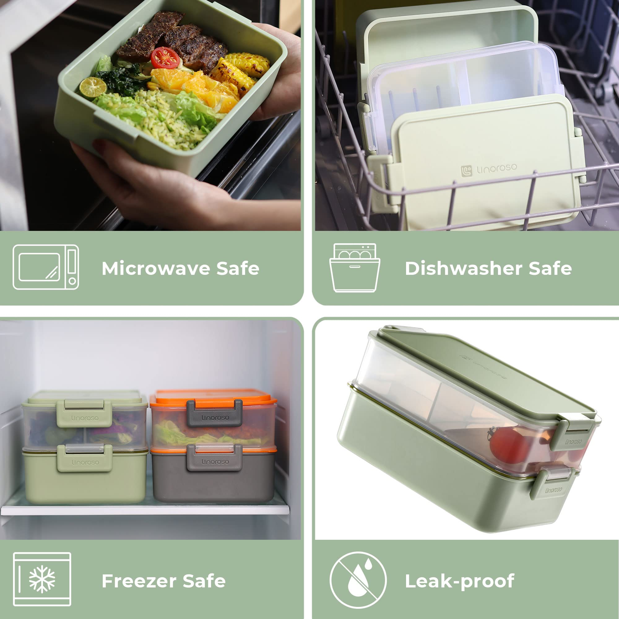 Linoroso Stackable Bento Box Adult Lunch Box | Meet All You On-the-Go Needs for Food, Salad and Snack Box, Premium Bento Lunch Box for Adults Include Utensil Set, Dressing Containers - Pale Mint