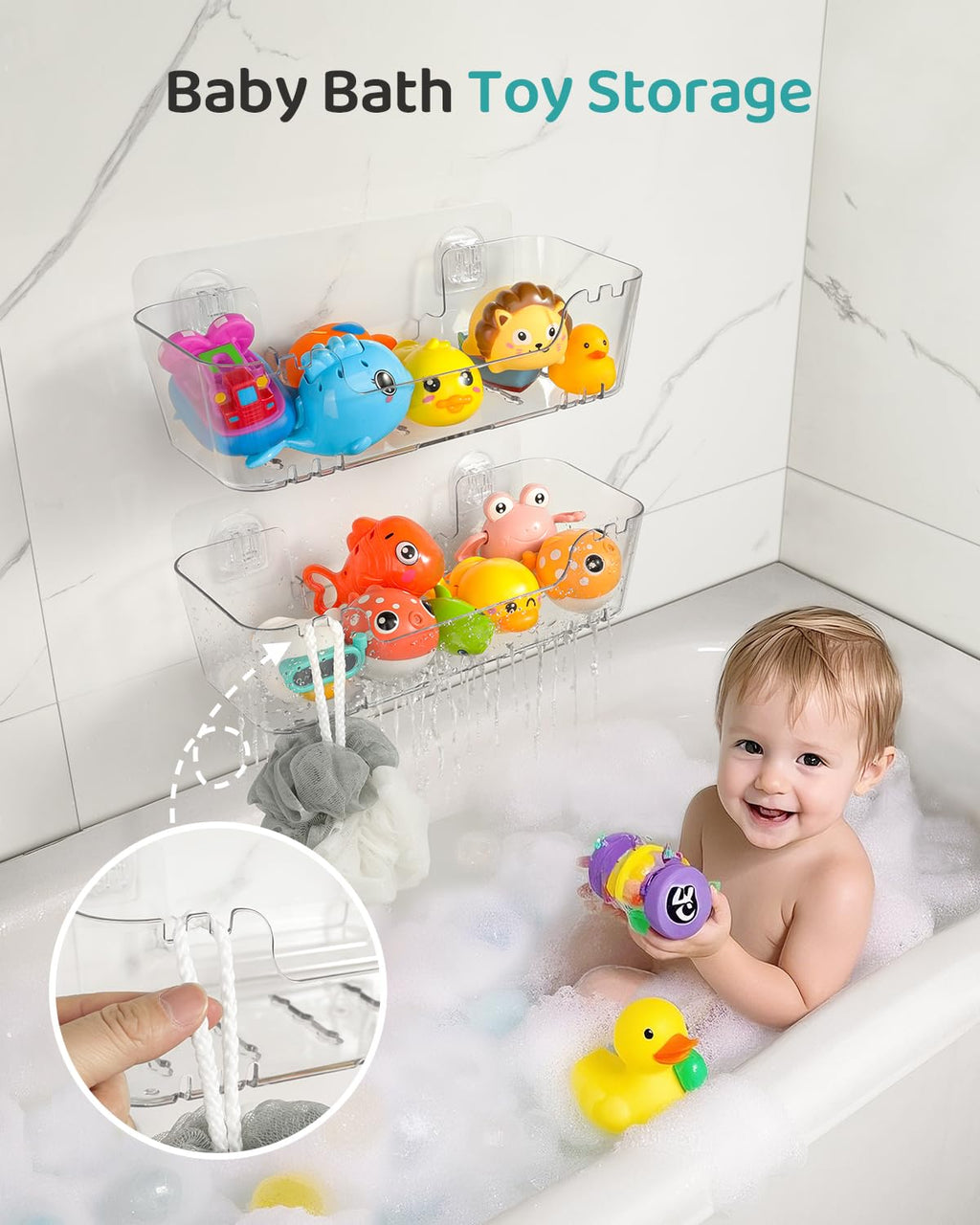 Bath Toy Storage Organizer 2 Pack, Transparent Bath Toy Holder with Drain Holes, Durable Plastic Bathtub Toy Storage for Bathroom, Quick-Dry Shower Caddy Drainable