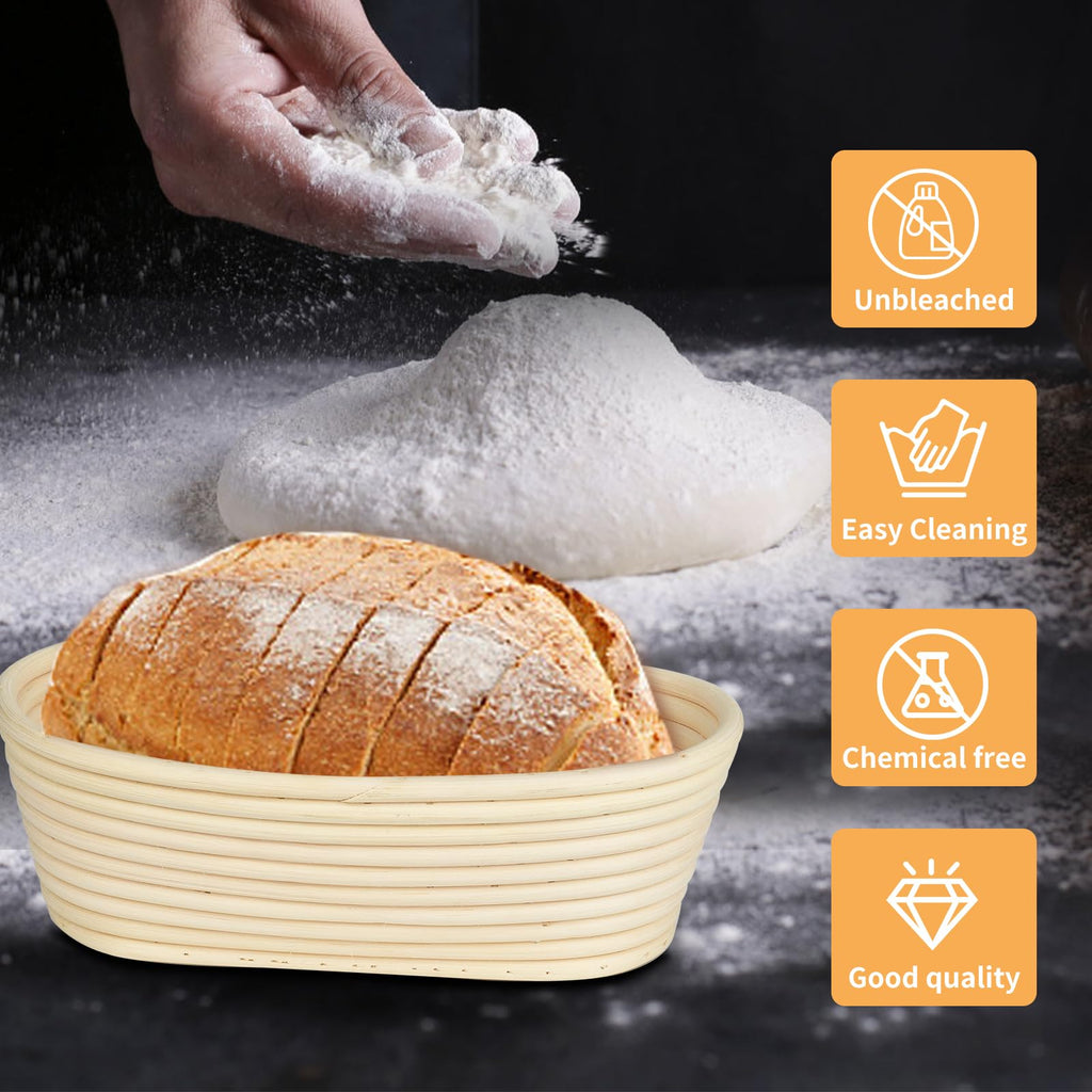 2 Pack 10 inch Oval Bread Proofing Basket, Sourdough Bannetons Bortform Proving Rattan Basket with Linen Liner Cloth, Great for Professional & Home Bakers & Starter