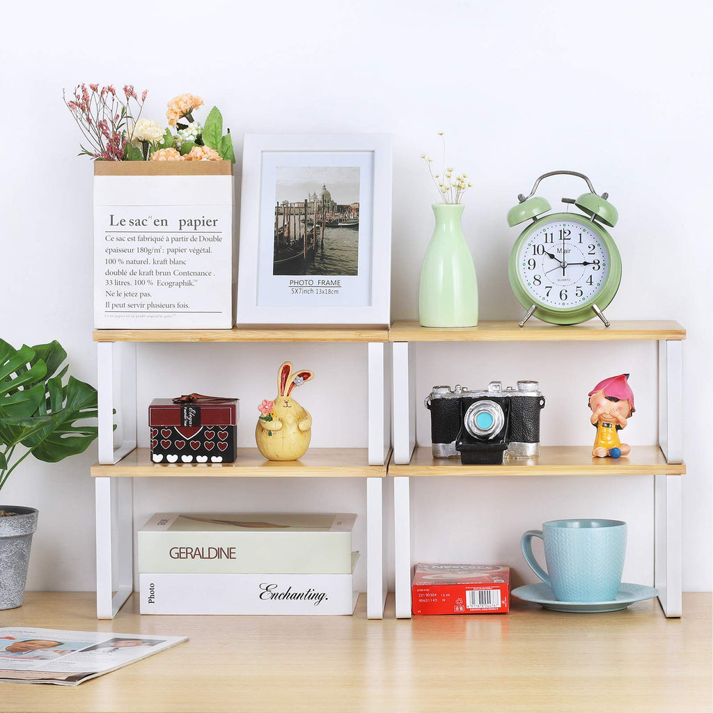 NEX Bamboo Kitchen Cabinet and Counter Shelf Organizer, Stackable & Expandable, Set of 4, White and Natural