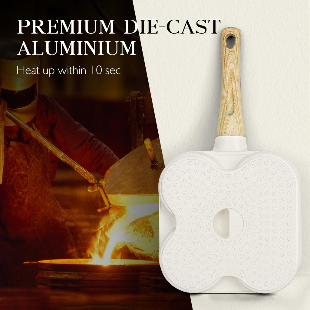 GiPP Ceramic Non Stick Egg Pan, 3-in-1 Divided Breakfast Omelette Frying Pan, 7.9" with Heat-Resistant Handle, Compatible with All Stove Tops, PFOA/POFS/PTFE Free, White