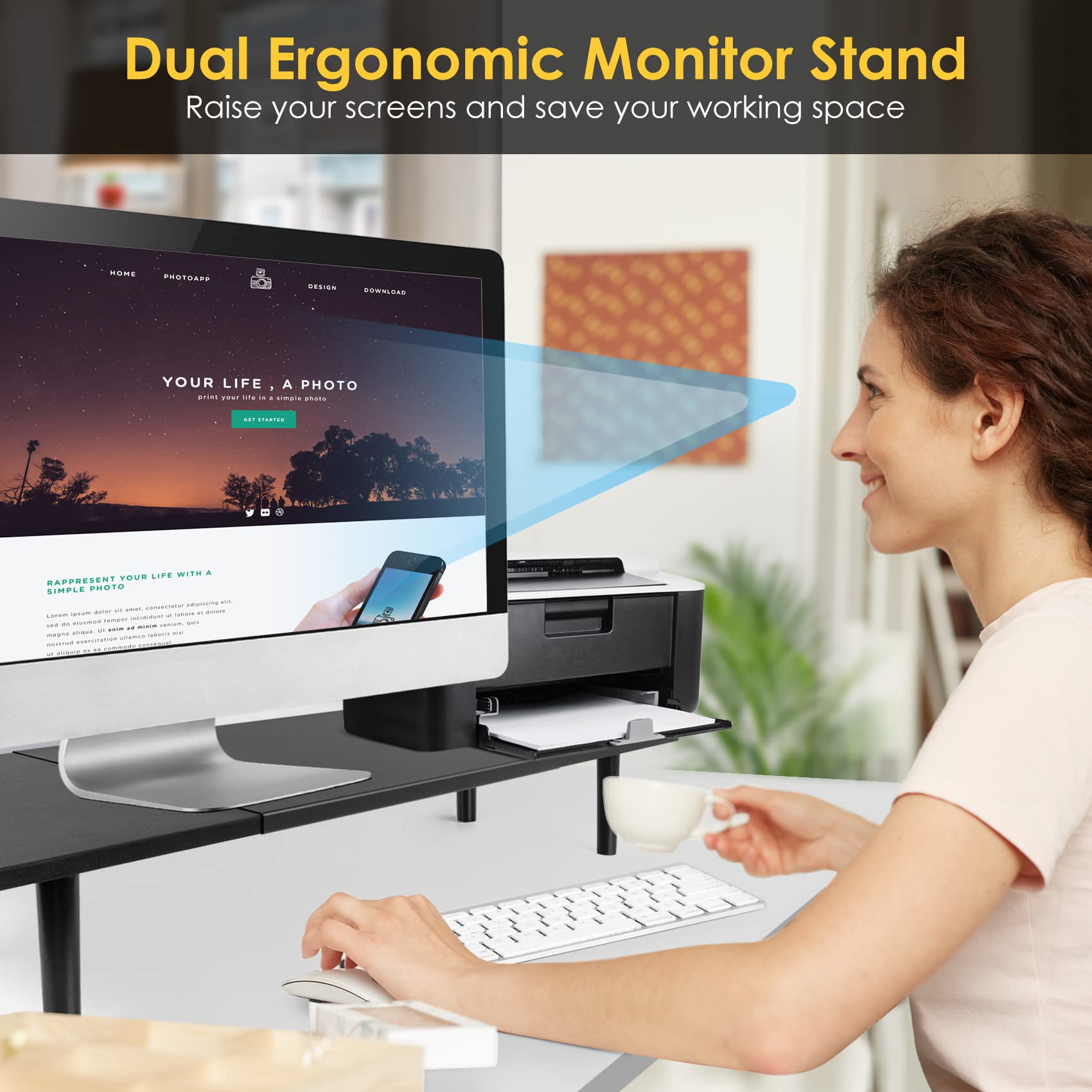 Dual-Monitor-Stand-Riser-For-Desk Adjustable Length 32-40 Inch，Large Desktop Computer Monitor Riser For 2 Screens，Desk Shelf Organizer Riser Stand For Computer/Laptop/PC/Printer/TV