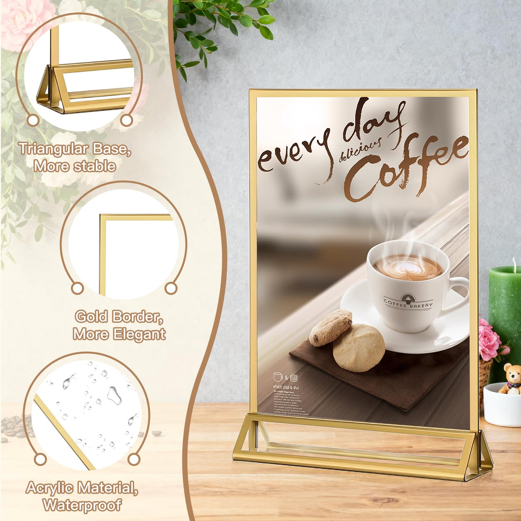RUITENG 12 Pack Acrylic Sign Holder, 5x7 Clear Gold Frame Display Stand, Double Sided Picture Menu Flyer Holders, Wedding Table Number Frames for Cards Photo Party Decoration (5" x 7")