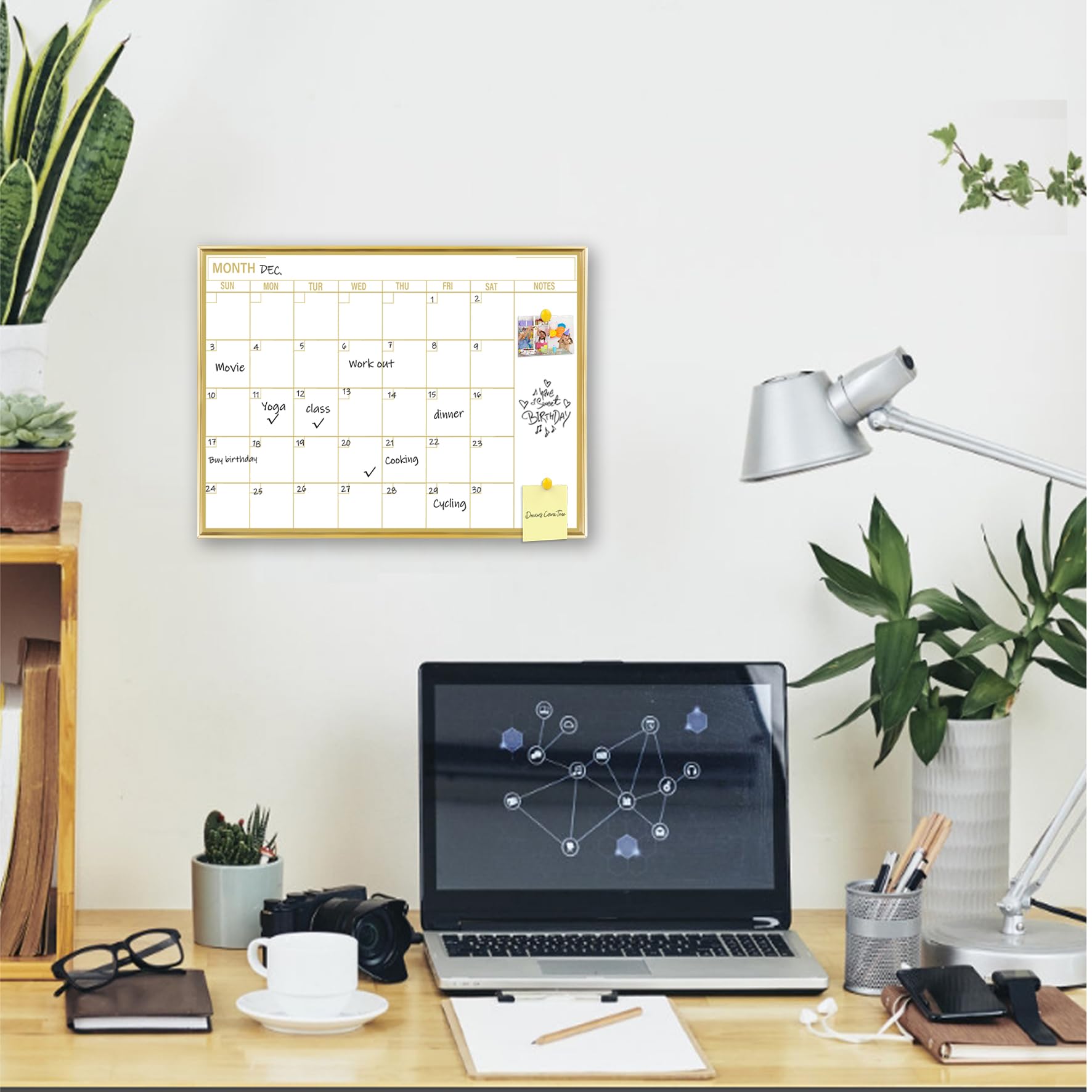 Marribol Golden Monthly Dry Erase Calendar Whiteboard for wall-40x30cm Portable Aluminum Frame,Magnetic Calendar White Board,Wall Planner Dry Erase Board for Office, Kitchen, School, Home-GG-CA