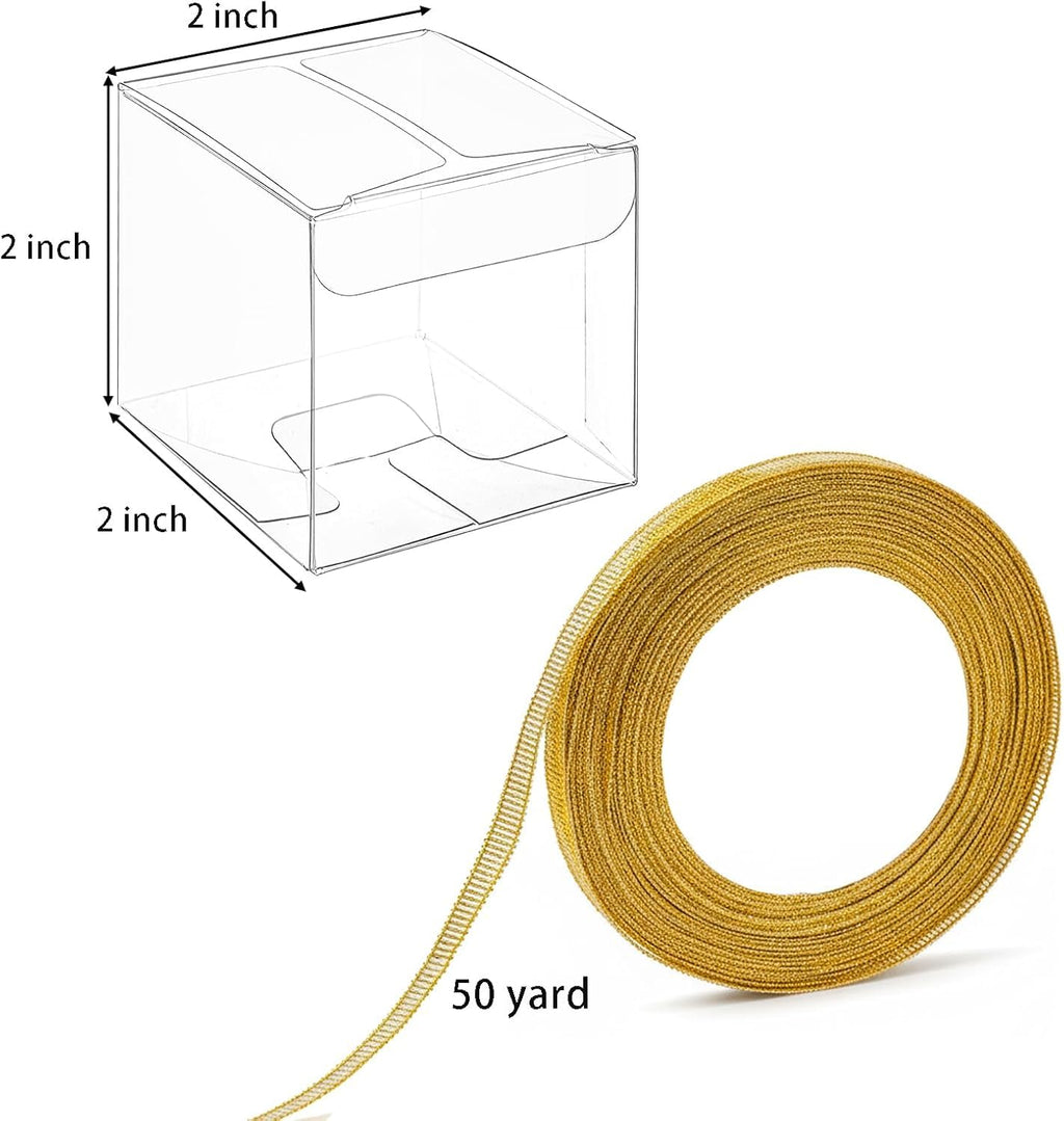 Nicunom 120 Pack 2x2x2 Inch Clear Favor Boxes with Ribbons, Small Plastic Gift Boxes Mini Transparent Cube Individual Candy Macaron Packaging Box for Wedding Birthday Party Baby Shower Treats
