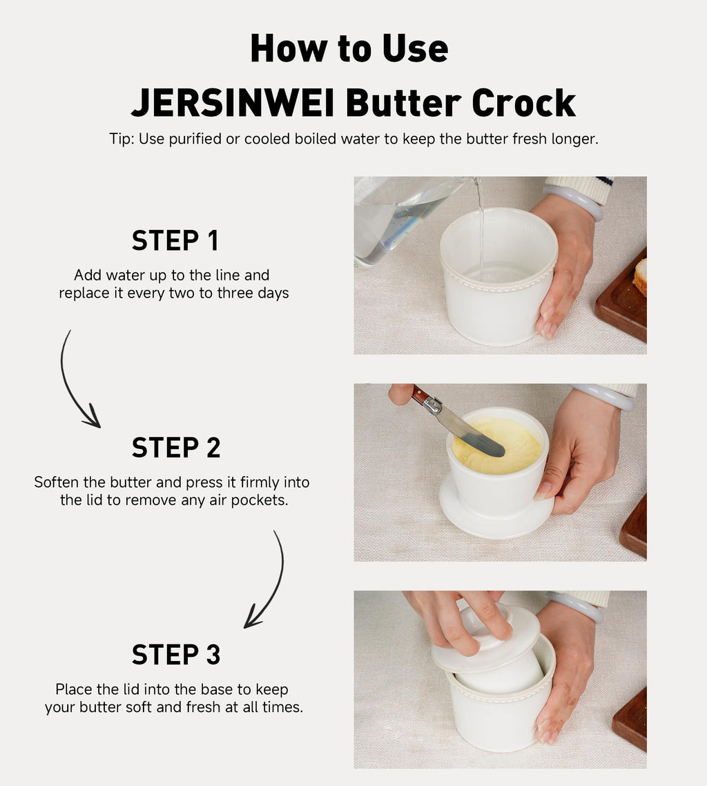 JERSINWEI Butter Crock with Lid, French Butter Dish for Countertop, Ceramic Butter Keeper Keeps Butter Soft & Spreadable Without Refrigeration, Vintage Kiln Glaze White Design, 8 oz / 230 ml