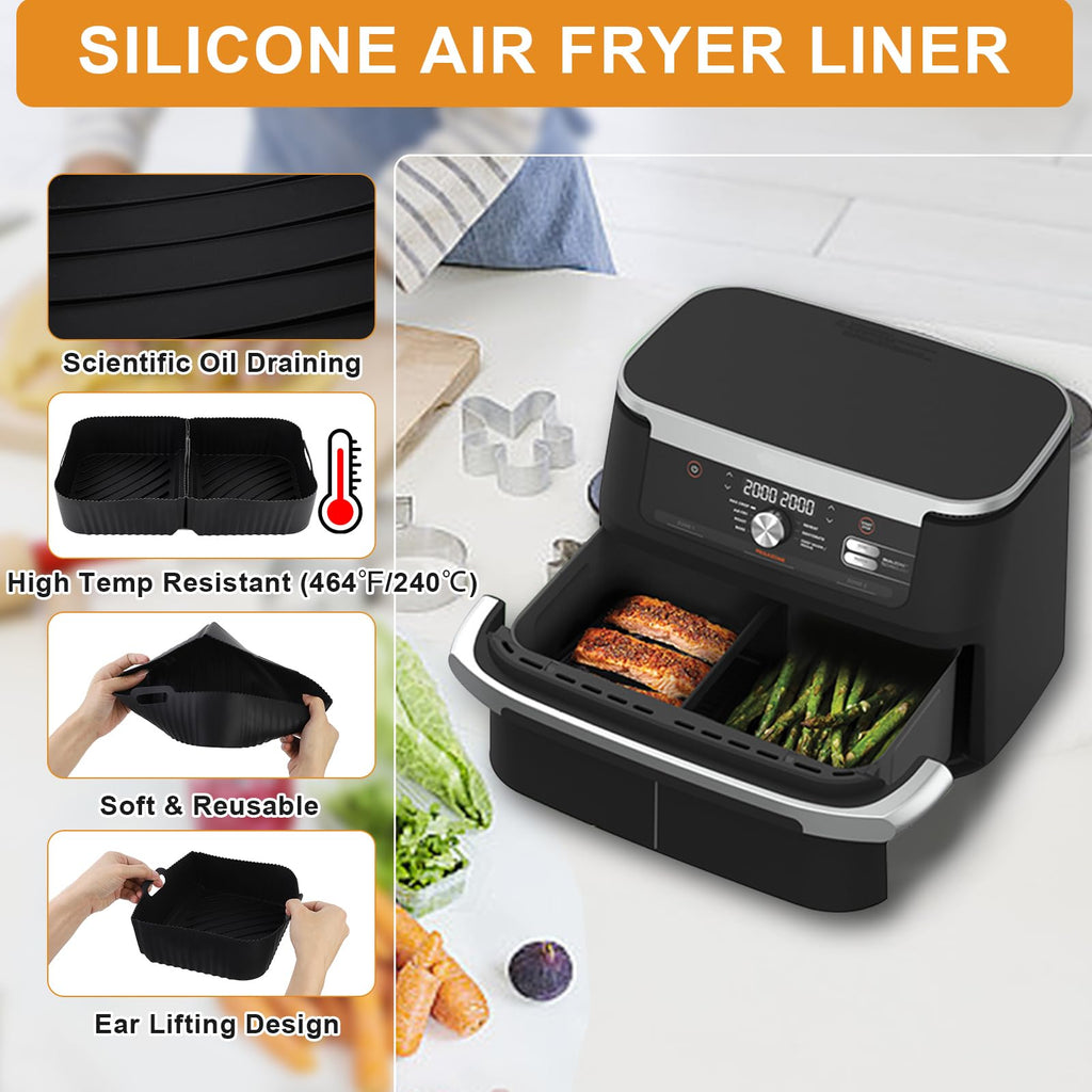 HOMELYLIFE Air Fryer Silicone Liners for Ninja DZ071C 7-QT DualZone Megazone Air Fryer, 2 Pcs Liners for Dual 3.5QT Baskets and 1 Pcs Liner for 7-QT Megazone Basket, 3 PCS Air Fryer Accessories