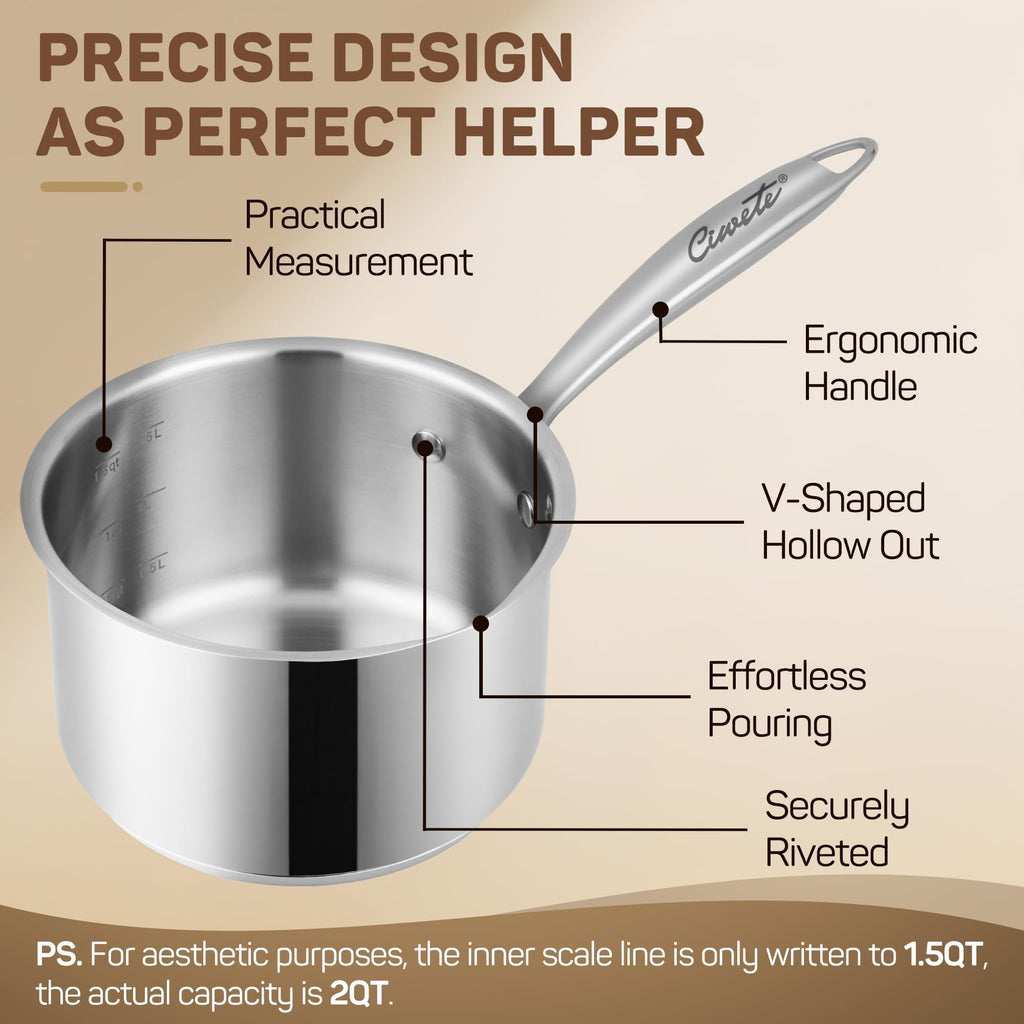 Ciwete 2 Qt Stainless Steel Saucepan with Glass Strainer Lid, 2 Quart Pot Stainless Steel Sauce Pan with Pour Spout, Mirror Polishing, Compatible with All Cooktops Dishwasher Safe Oven Safe