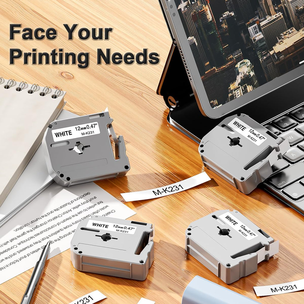 M-K231 12mm Label Maker Tape Replace for Brother P Touch M Tape M-K231s MK231 M-231 M231 M231s 12mm 0.47 Tape Work with Brother Ptouch PTM95 PT-M95 PT-65 PT-90 PT80 PT-70, Black on White