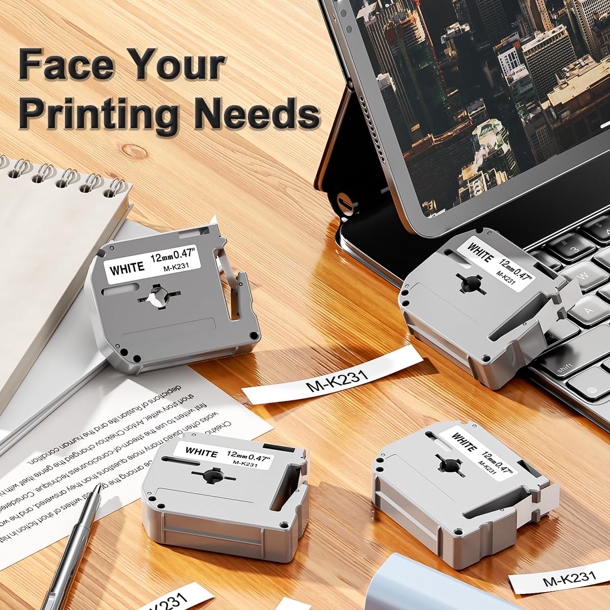 M-K231 12mm Label Maker Tape Replace for Brother P Touch M Tape M-K231s MK231 M-231 M231 M231s 12mm 0.47 Tape Work with Brother Ptouch PTM95 PT-M95 PT-65 PT-90 PT80 PT-70, Black on White