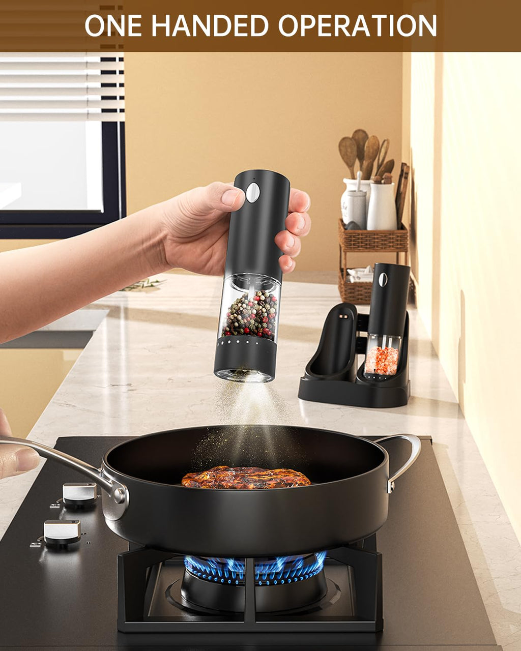 CIRCLE JOY Electric Rechargeable Salt and Pepper Grinder Set with Easy-to-Carry Dual Charging Base, Externally Adjustable, 100 ml Large Capacity, LED Light, Black