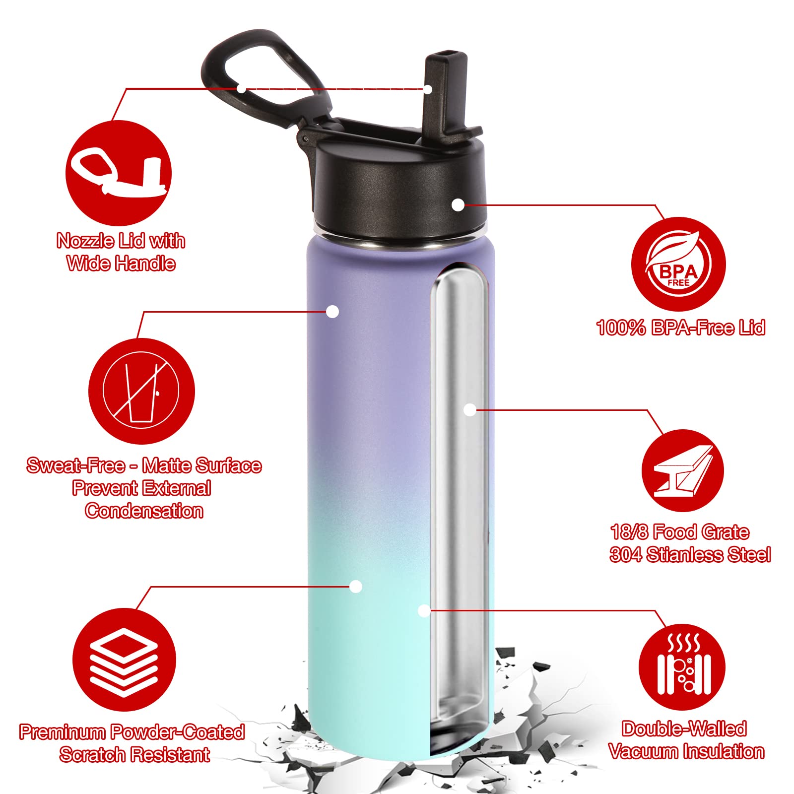 Volhoply Insulated Water Bottles with Straw Bulk 2 Pack, 22 oz Stainless Steel Sports Bottle with Handle Lid,Double Walled Metal Water Cups with Wide Mouth,Reusable Cold Water Flask(Assorted,2 Set)
