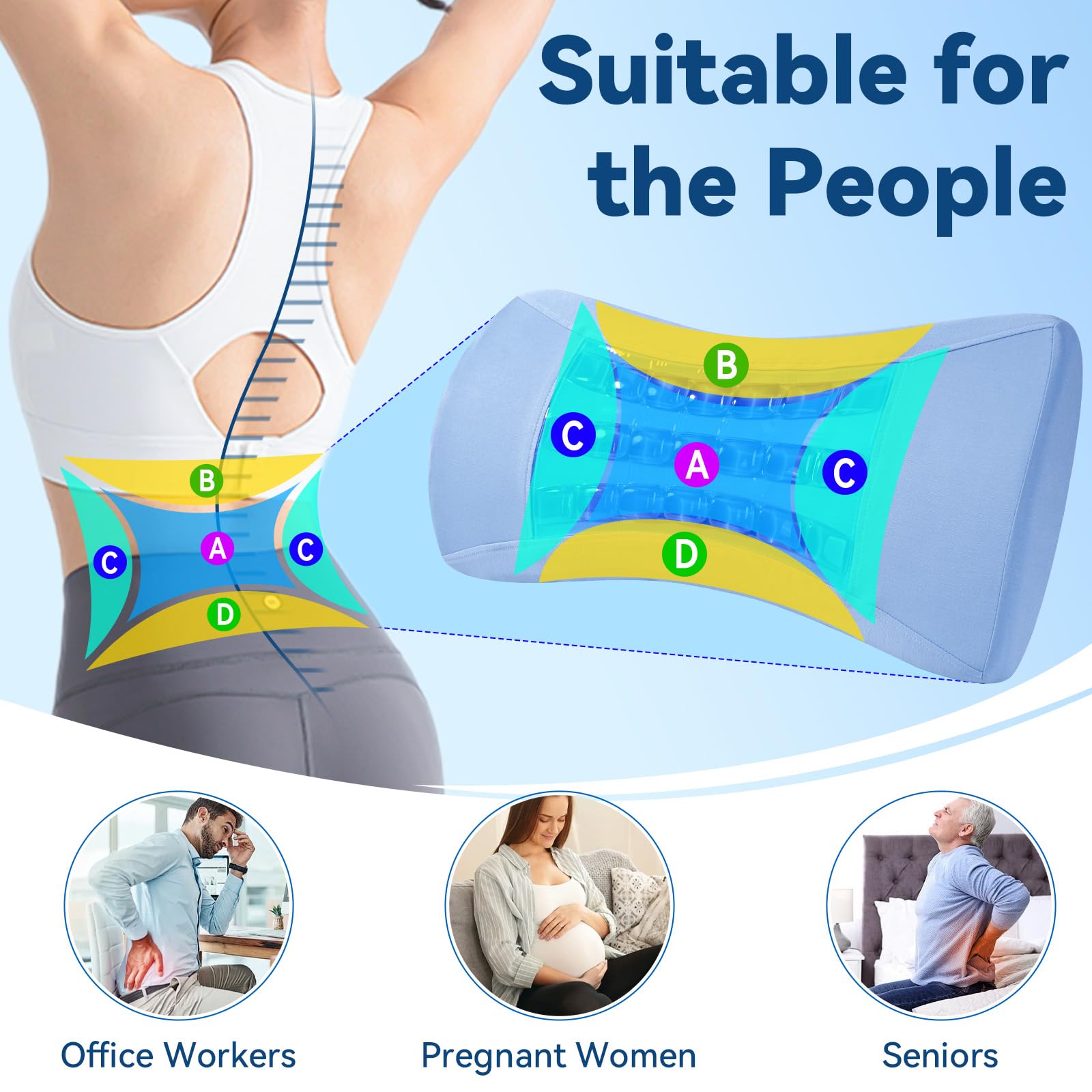 Lumbar Support Pillow for Bed, Memory Foam Lower Back Pillow with Cooling Gel, Ergonomic Back Support for Side & Back Sleepers, Removable Breathable Cover for Bed, Sofa & Car