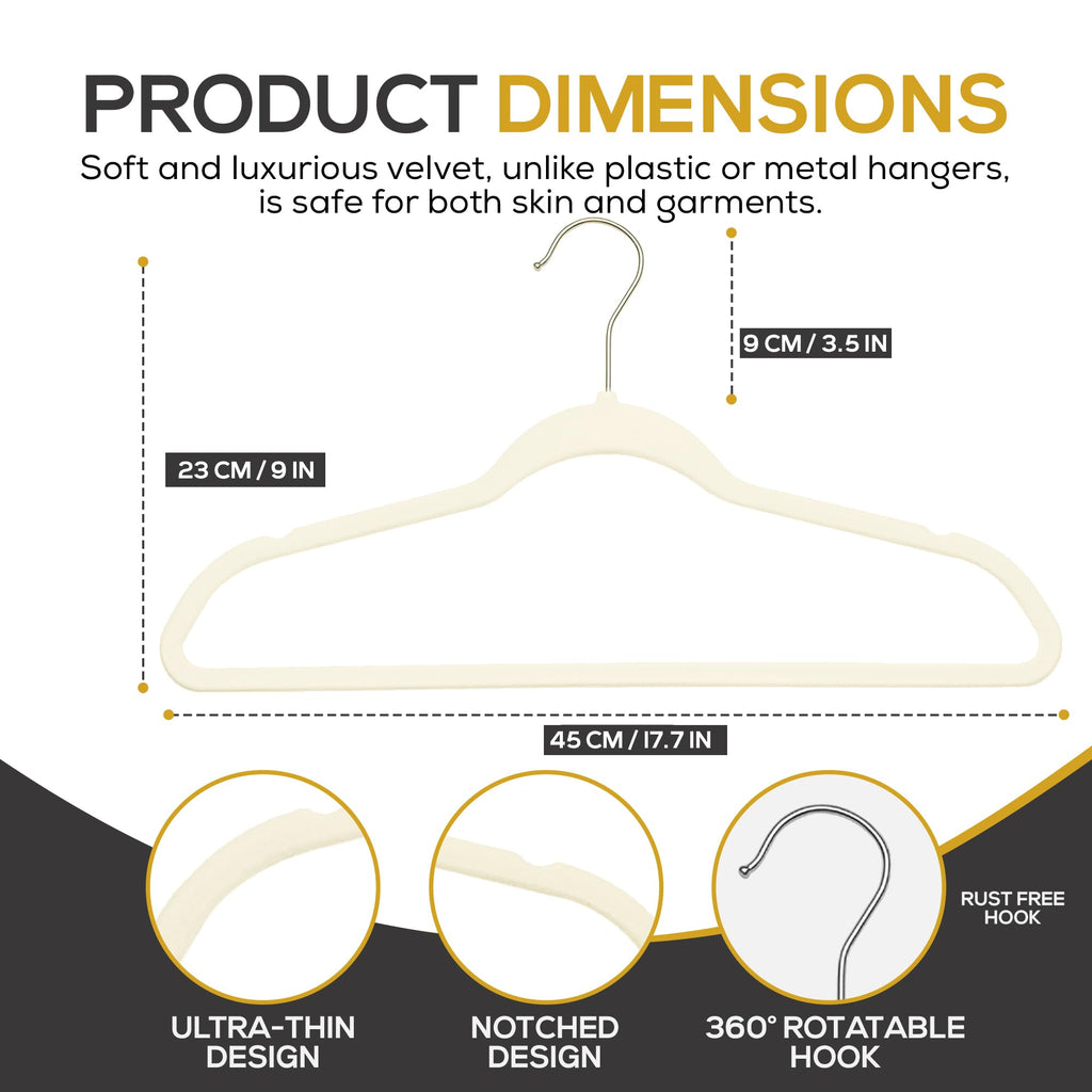 Techzoo Premium Ivory Velvet Hangers 50 Pack - Space Saving Felt Hanger, Non Slip Clothes Hangers for Closet, Heavy Duty Coat Hanger with 360° Rotatable Hook, Hold Up to 10 lbs