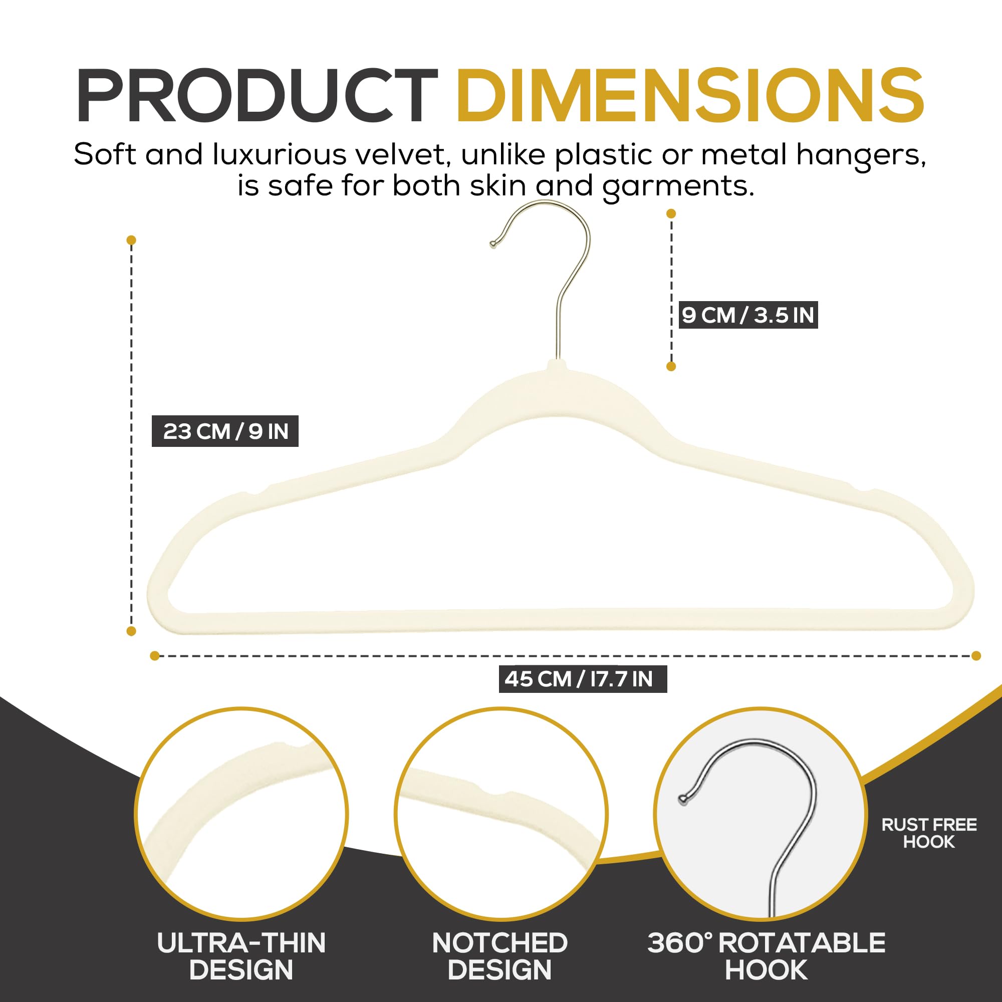 Techzoo Premium Ivory Velvet Hangers 50 Pack - Space Saving Felt Hanger, Non Slip Clothes Hangers for Closet, Heavy Duty Coat Hanger with 360° Rotatable Hook, Hold Up to 10 lbs