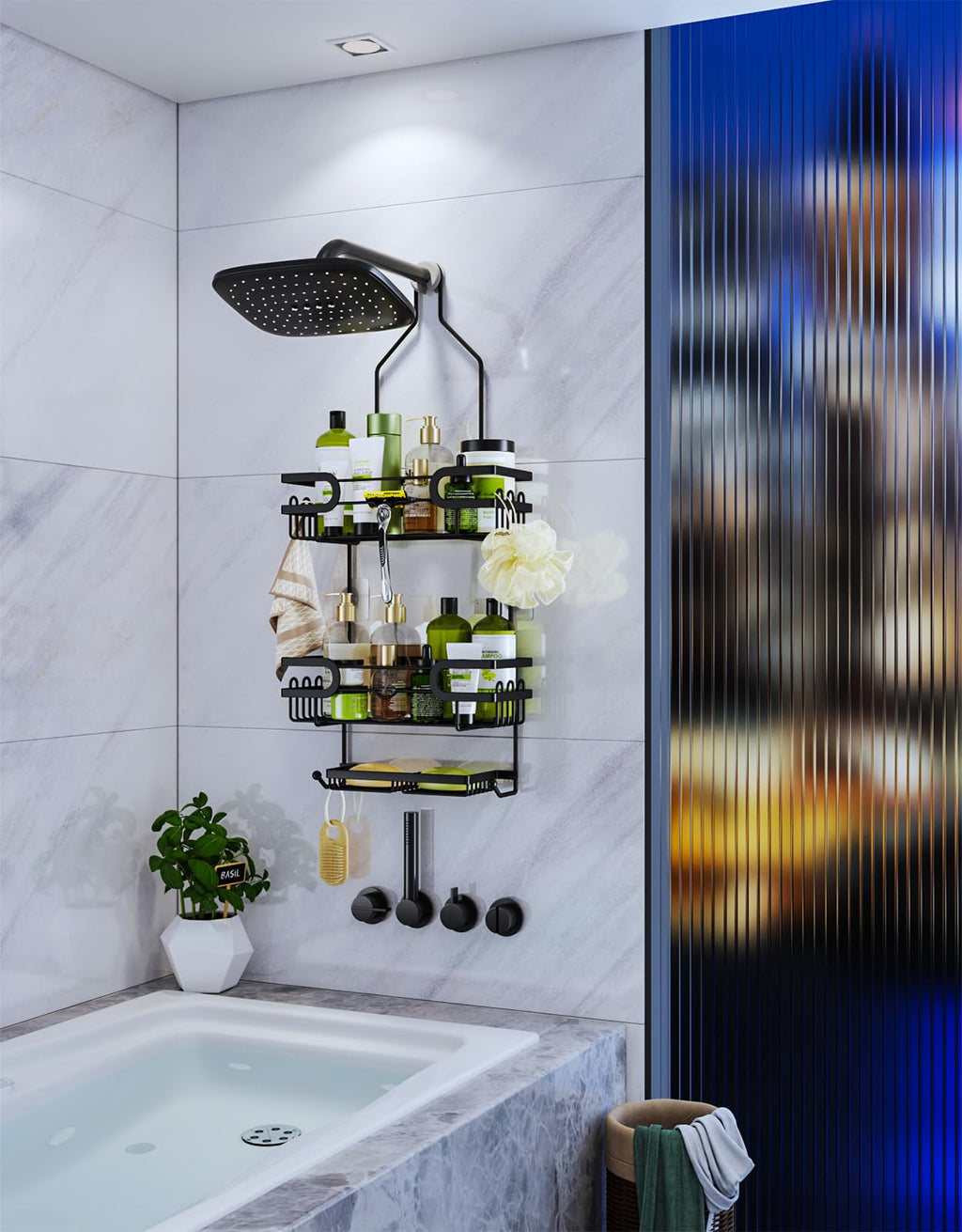 HapiRm Shower Caddy Hanging No Drilling, 3 Tier Over Head Shower Shelves, Shower Organizer Hanging with 2 Soap Holder & 12 Hooks, Bathroom Shelf for Shampoo, Soap, 12.6 x 4.7 x 28.3in