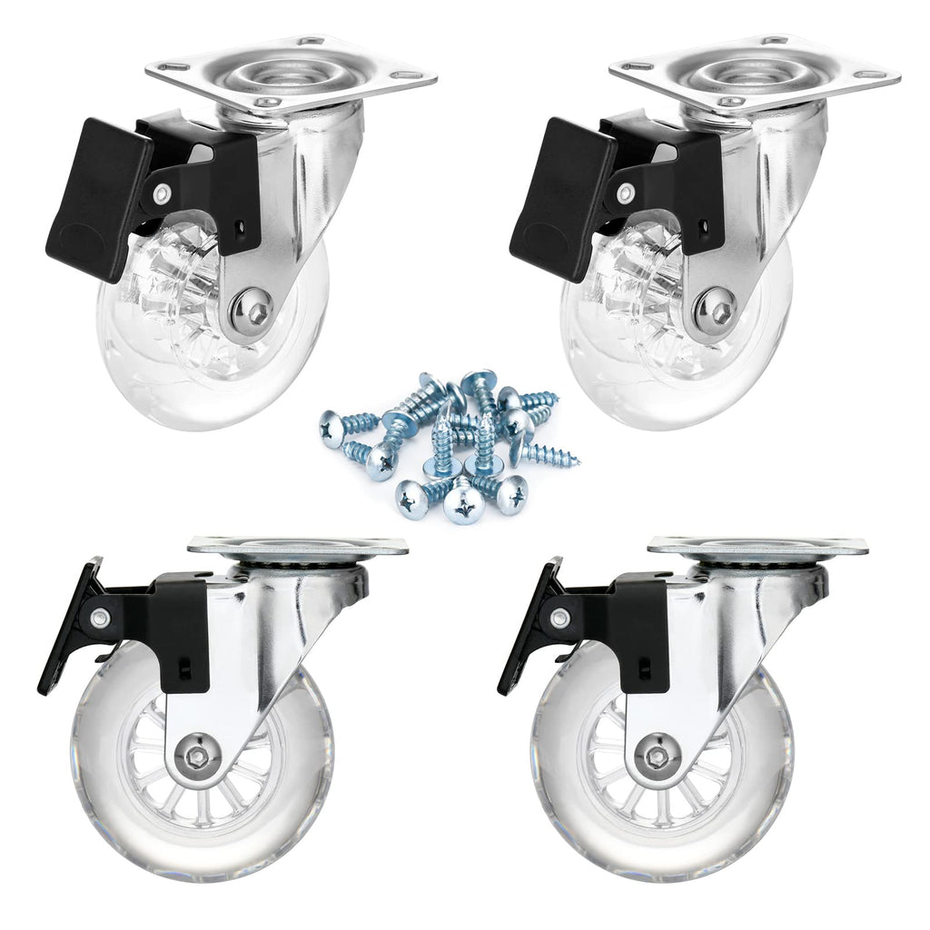 Clear Caster Wheels 3 Inch Casters Set of 4 Heavy Duty, Locking Industrial Casters with 360 Degree No Noise Transparent Polyurethane Wheels, Swivel Plate Casters with Brake - Pack of 4