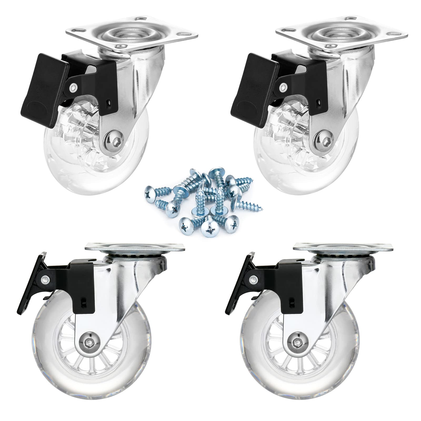Clear Caster Wheels 3 Inch Casters Set of 4 Heavy Duty, Locking Industrial Casters with 360 Degree No Noise Transparent Polyurethane Wheels, Swivel Plate Casters with Brake - Pack of 4