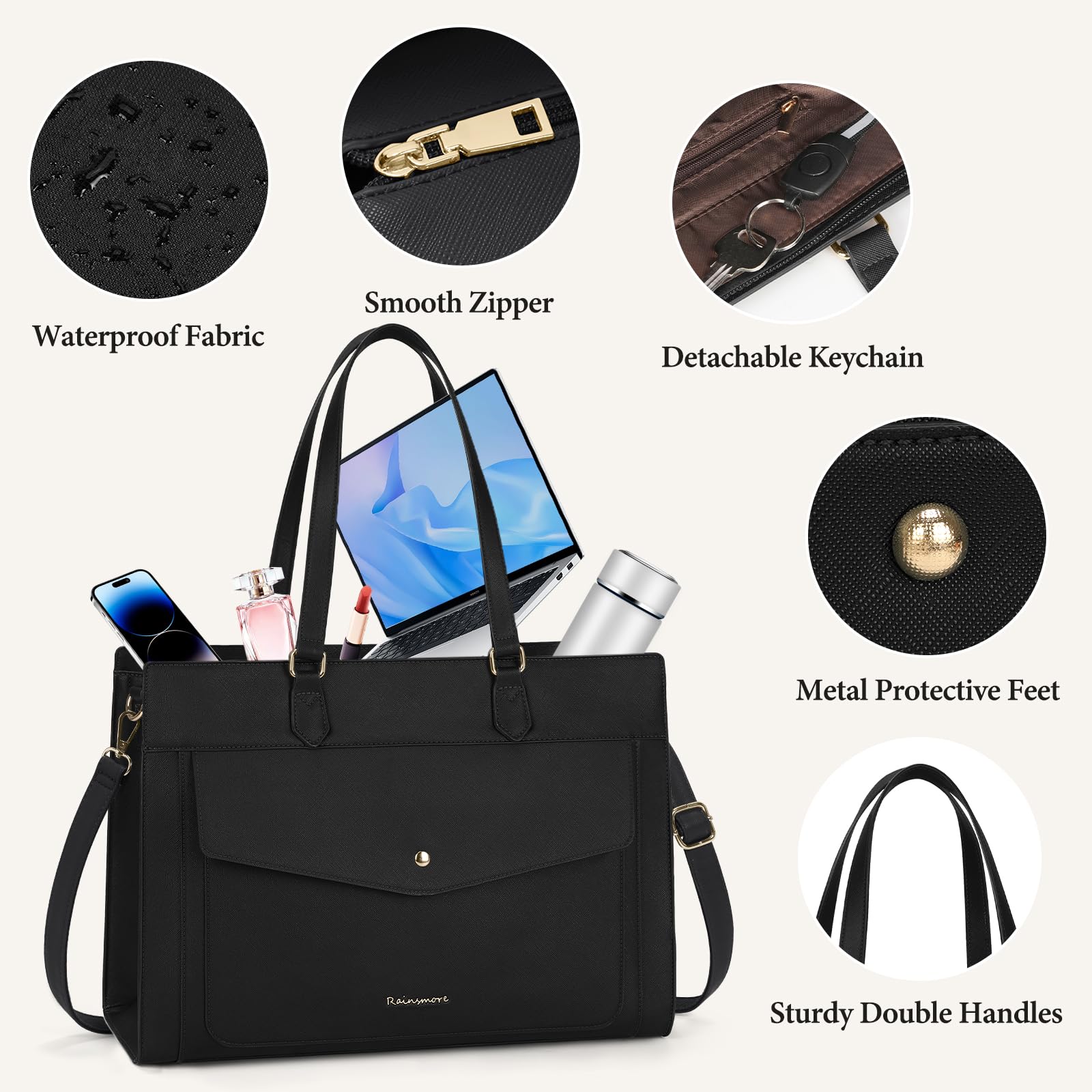 RAINSMORE Laptop Bags For Women 15.6Inch Leather Work Tote Bags Laptop Tote Waterproof Laptop Purse Business Office Computer Bag Professional Womens Briefcase Large Handbag for Travel College, Black