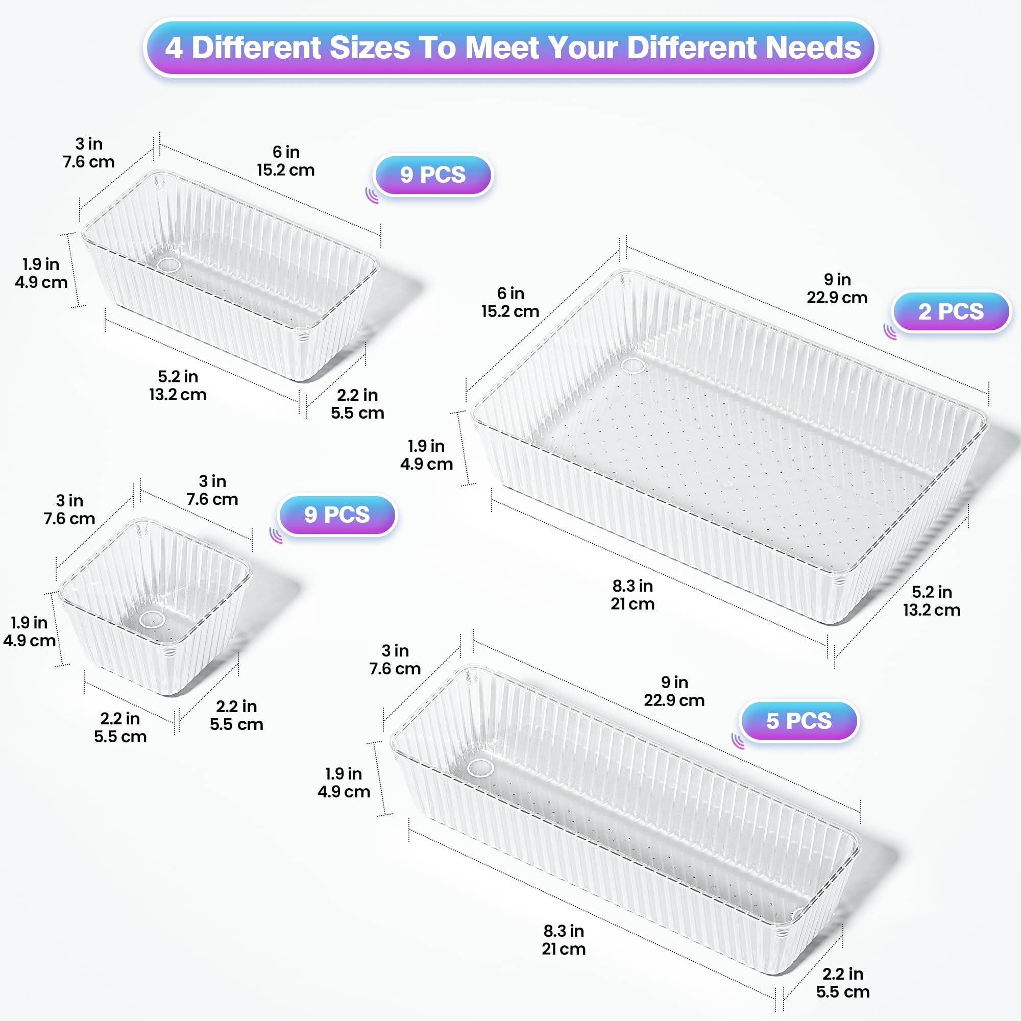 Okylvve 25 PCS Clear Plastic Drawer Organizer Set - 4 Sizes Makeup Organizer Desk Drawer Divider Bathroom Organizers and Storage Bins for Makeup, Jewelry, Gadgets, Office, Kitchen, Bedroom, Bathroom