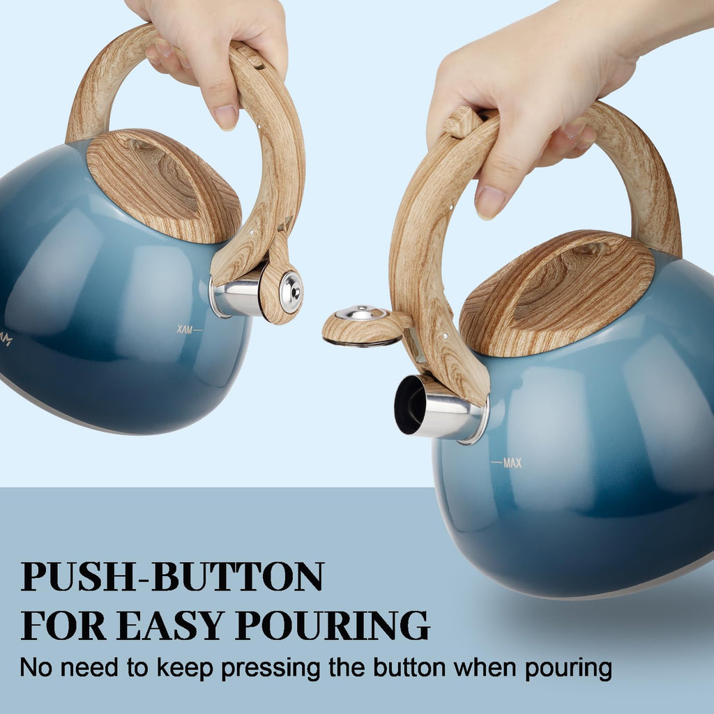 Whistling Tea Kettle for Stove Top Stainless Steel Tea Kettle Small Tea Pots 2.6 Quart with Wood Pattern Anti-Hot Handle (Blue)