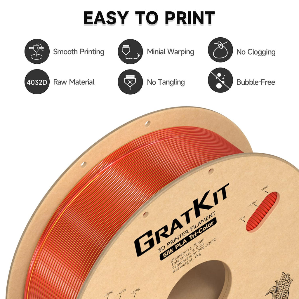 Gratkit Silk Tri-Color PLA Filament，Coextrusion PLA Filament 1.75mm, +/-0.03mm, 1KG/Roll, Silk PLA Red & Gold & Black